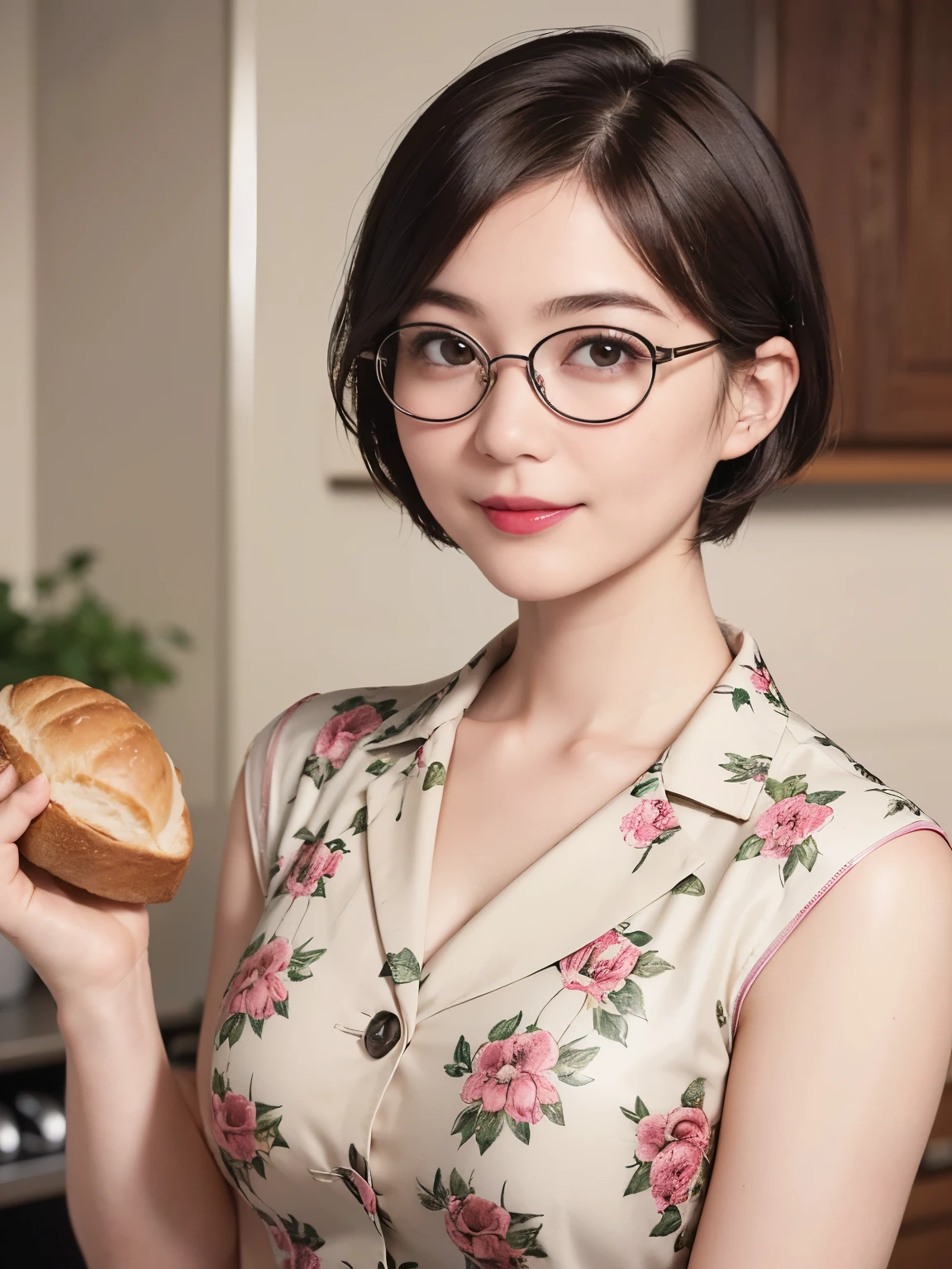 137
(a 20 yo woman, Bread), (A hyper-realistic), (high-level image quality), ((beautiful hairstyle 46)), ((short-hair:1.46)), (Gentle smile), (breasted:1.46), (lipsticks), (wears glasses,wide,kitchin), (florals), (there is an oven)