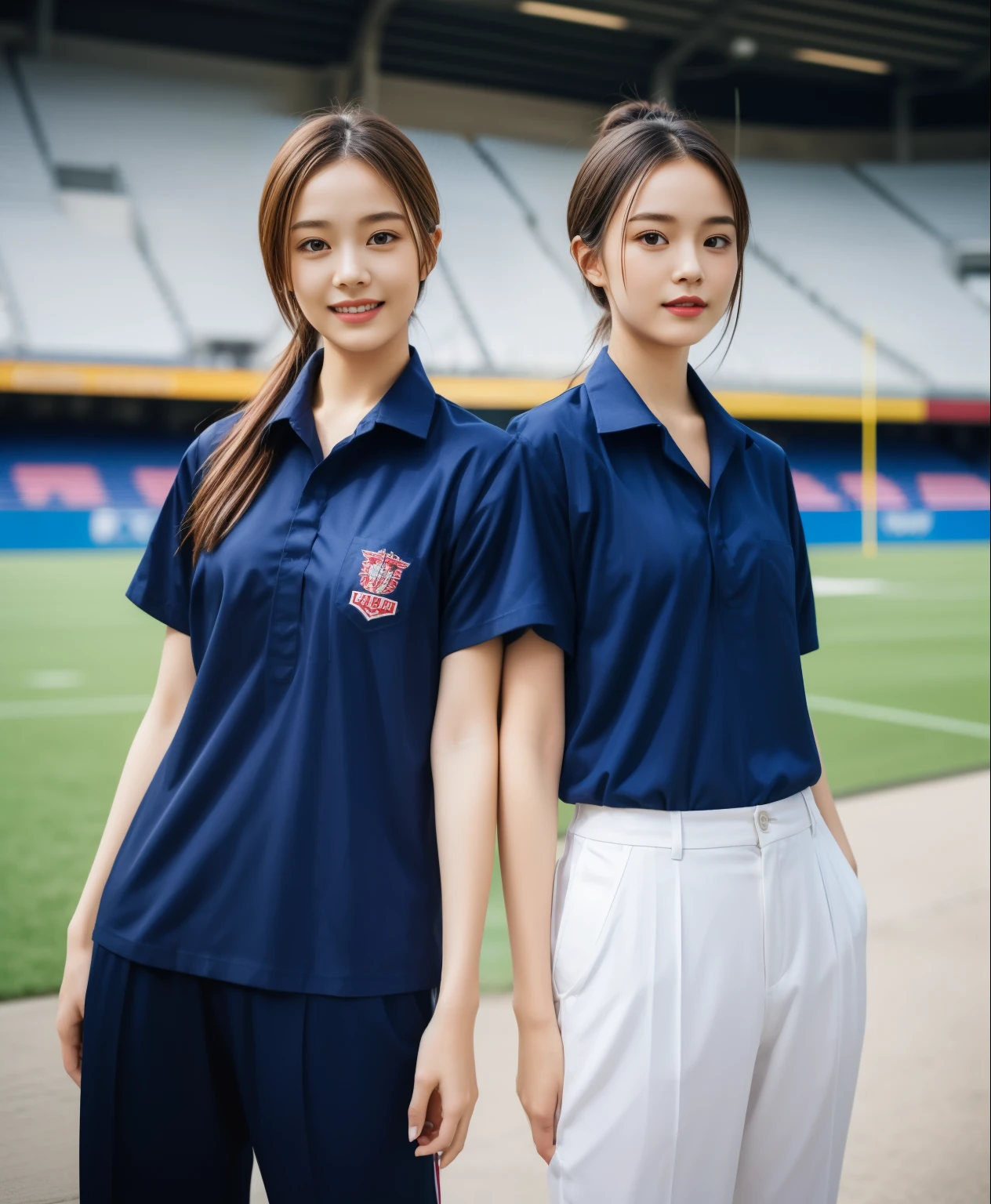 (bestquality,10,10,highres,masterpiece:1.2),ultra-detail,(Realistic,Realistic picture,photo-realistic:1.37),1 Cute girl in the football field,oily shiny skin,bara,light smile,BDclothelue shirt:1.3)),short sleeves,shirt, trousers.,(navy_long_track pants:1.1), ((Stadium Background:1.3)),dynamic angle,excited,face focus,Dynamic Poses,from behide,Ass Focus,masterpiece, bestquality, ultra realistic, hyper-detail, 8k resolution, RAW photo, crisp focus, ((Navy blue shirt:1.1)), short sleeves, long route, Complete body model, 2 mature women, 18yo, cinematic light,blue warm trousers,Gymware,Correct anatomy,Complete body, Correct body, sharp face, Correct body anatomical, full entire body, Realistic gestures, long-haired, Realistic poses,Wear long shorts........................................,The legs are long.,Shapely,Sculpting Girl, Slender Figure, mannequin mannequins, Shapely, Beautiful body,blue warm trousers, Two girls kissing