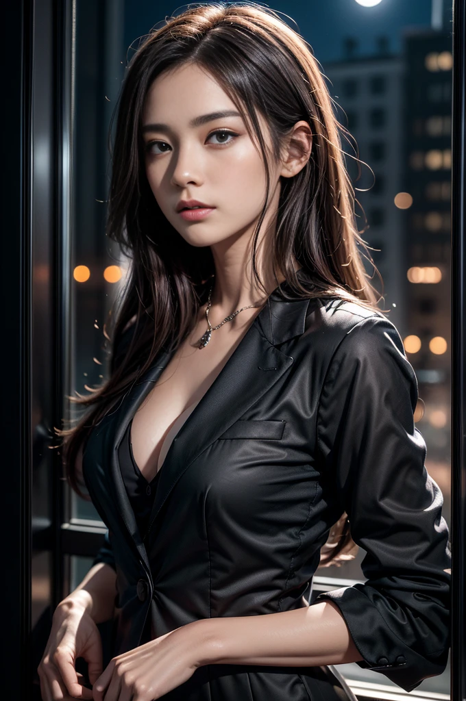 (Photoreal Stick:1.5, masutepiece:1.5, 8K), (top-quality, masterpiece, 超A high resolution), Perfect dynamic composition, Professional camera work:1.4, Highly detailed skin and facial texture:1.3, Mystical portrait:1.3, Grow Light Effect, The ultra-detailliert, 1girl in, ((Night view from inside the building, Please turn off the lights in the room, Dark atmosphere, The moonlight at night shines through the glass)), (V-neck shirt:0.8, black tailored suit suit jacket), Model body type, Clear face, Detailed hand, Beautiful and detailed eyes, (Enraptured look:0.8, i love you completely:0.8), A mouthfeel that feels beautiful eros, Dark brown medium hair, the chest is medium, a necklace