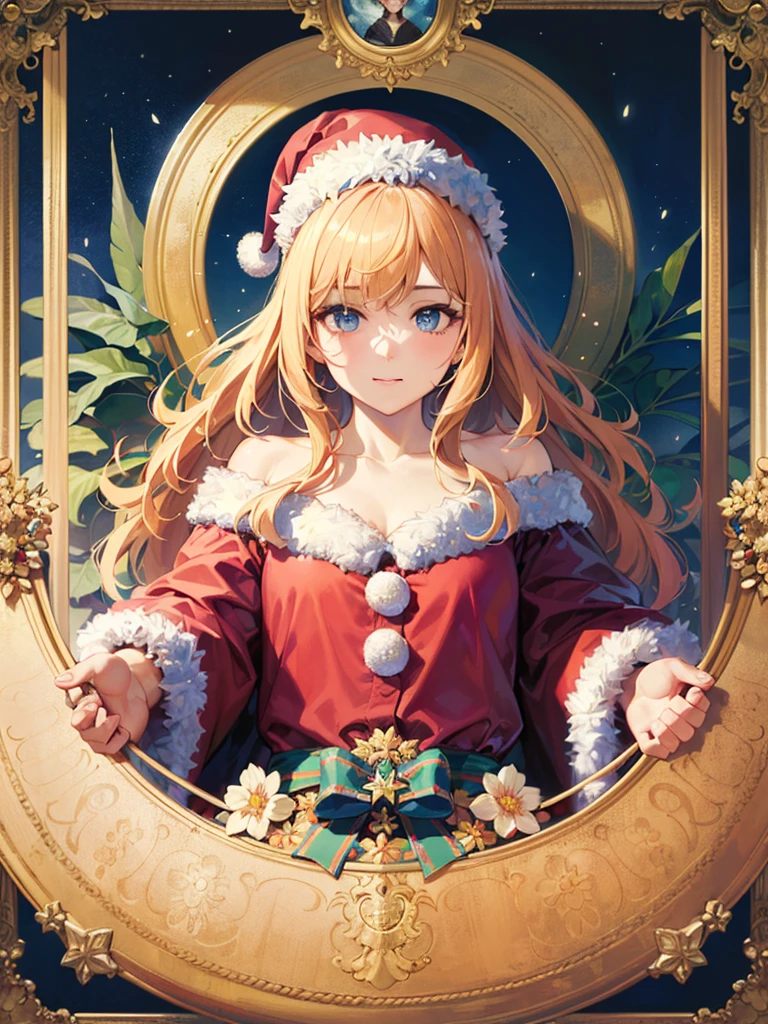 European woman face portrait、Long curly hair、bionde、Flower frame、Decorative panel、abstract art、By Alphonse Mucha (masterpiece、top-quality、hight resolution: 1.4)、detaileds、複雑なdetaileds、4K、color splashes、Line Art、Santa Claus Costume