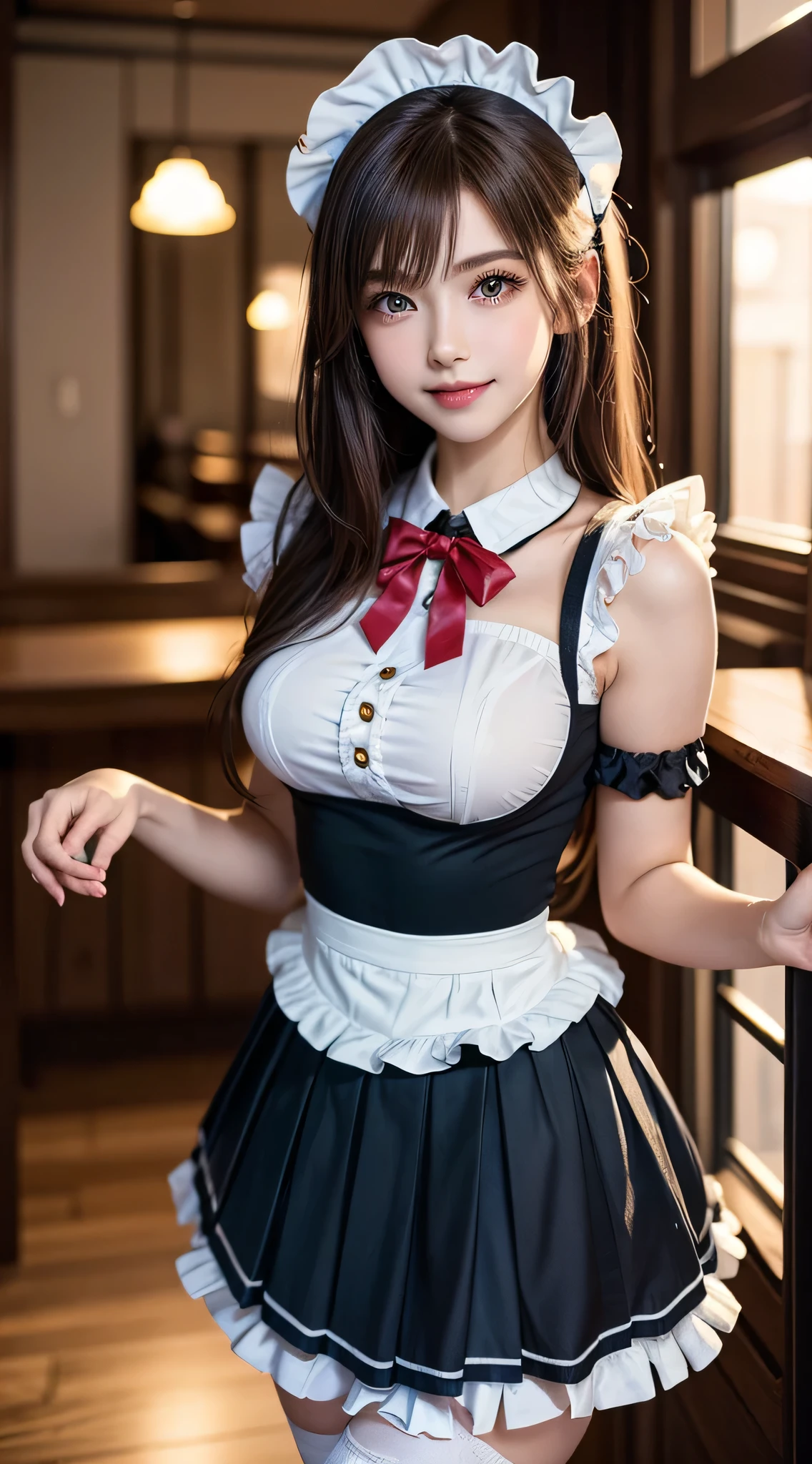 (1young girlrown hair, Amazing face and eyes, Pink eyes, seducting smile, (Maid café costume with frills, Pleated mini-skirt:1.5), (Wide open maid cafe costume:1.2), bared  chest, (amazingly beautiful girl), Brown hair, Stylish hair ornamen Quality:1.4), (Ultra-detailed), (extremely detailed CG unified 8k wallpaper), Highly detailed, High-definition raw color photos, Professional Photography, depth of fields, (View from below),