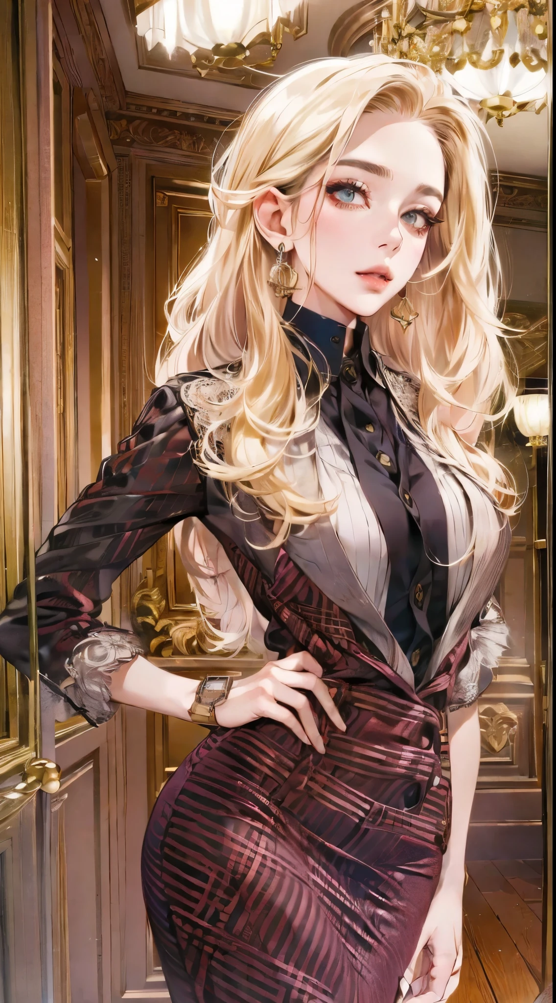 ((long shot, Full body, Solo)) Seraphina is a character of striking contrast, embodying both beauty and menace. She is the headmistress of an elite private school in Switzerland and carries herself with an aura of youthful elegance. Her age is 35 but she possesses a timeless beauty that often leads people to mistake her for a student. Her physique is slender and akin to a fashion model, complete with a graceful posture that enhances her allure. Her skin is immaculate, hinting at her meticulous care for her appearance. Seraphina's face is refined and elegant, characterized by high cheekbones and a delicate nose. Her eyes are her most captivating feature – they are large and intense, often reflecting a myriad of emotions, ranging from kindness to a hint of concealed darkness. Her lips are full and often curved into a mysterious smile that adds to her enigmatic persona. She has long, luscious blonde hair that falls in waves down to her mid-back. It's often styled in a sophisticated manner that complements her professional role yet doesn't compromise her allure. Seraphina's wardrobe is a reflection of her bold personality and affluent background. Her everyday attire leans towards the extravagant and seductive, with figure-hugging pencil skirts and double-breasted blazer over revealing white shirt. in bold, rich hues that amplify her allure. She accessorizes lavishly with strings of pearls, diamond earrings, and high-end wristwatches, subtly revealing her wealth. Her school attire maintains a balance between professionalism and seduction. Tailored pencil skirts and silk blouses, unbuttoned just a tad lower, are her go-to outfit. Stiletto heels complete her look, adding a touch of power and sophistication. However, this alluring exterior hides a dark, sinister personality. Her beauty and charm mask a manipulative, narcissistic, and psychopathic nature. Her design should subtly hint at this duality, creating a character that is as captivating as she is terrifying.