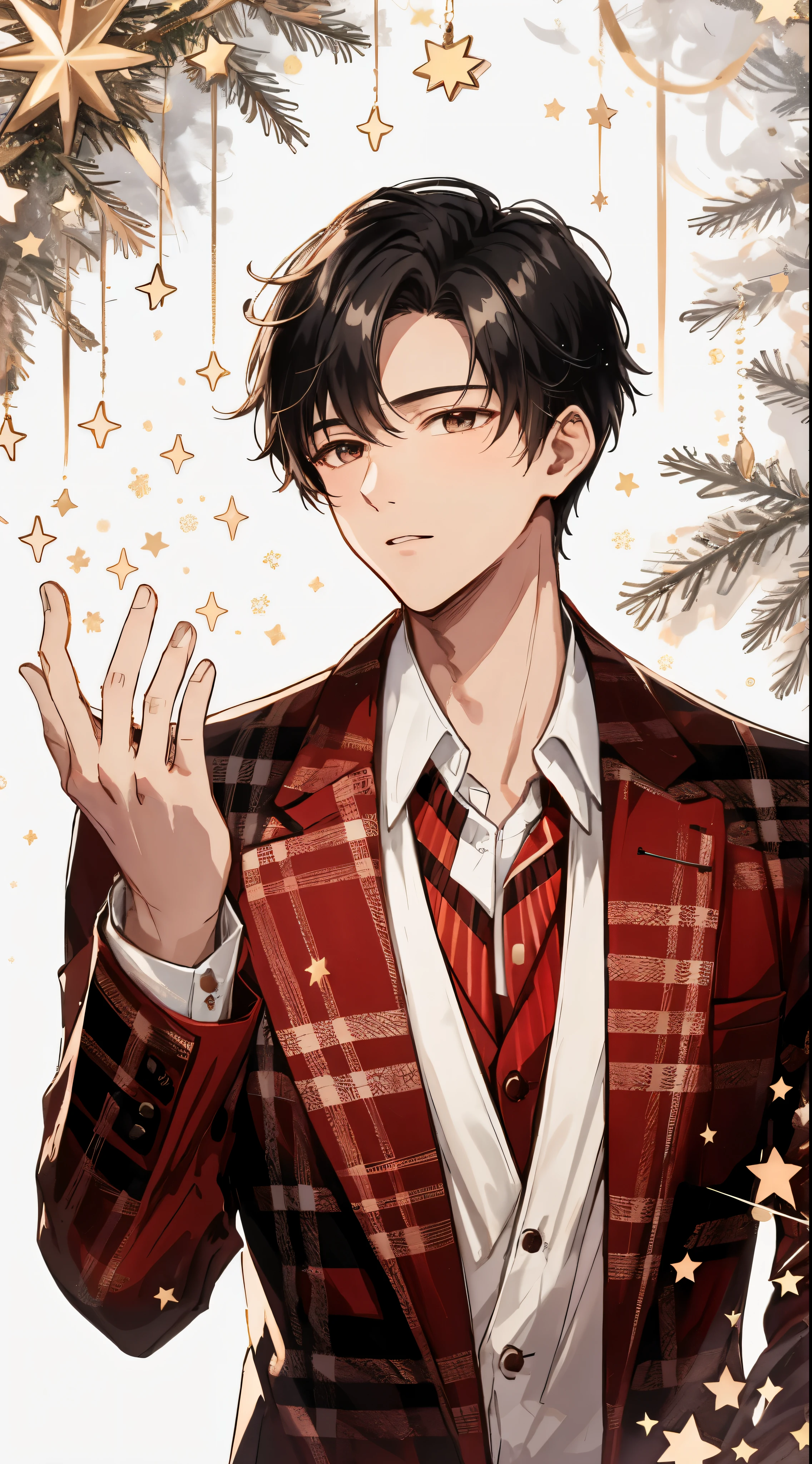 Handsome young man, red pattern suit, White shirt, Open collar, Reach out and catch a small star, Black hair, Confident gaze, Sparkling stars swirl, Standing, christmas theme, The background is white and there is a shadow of a person,High quality, amount of drawing, pixiv illustration