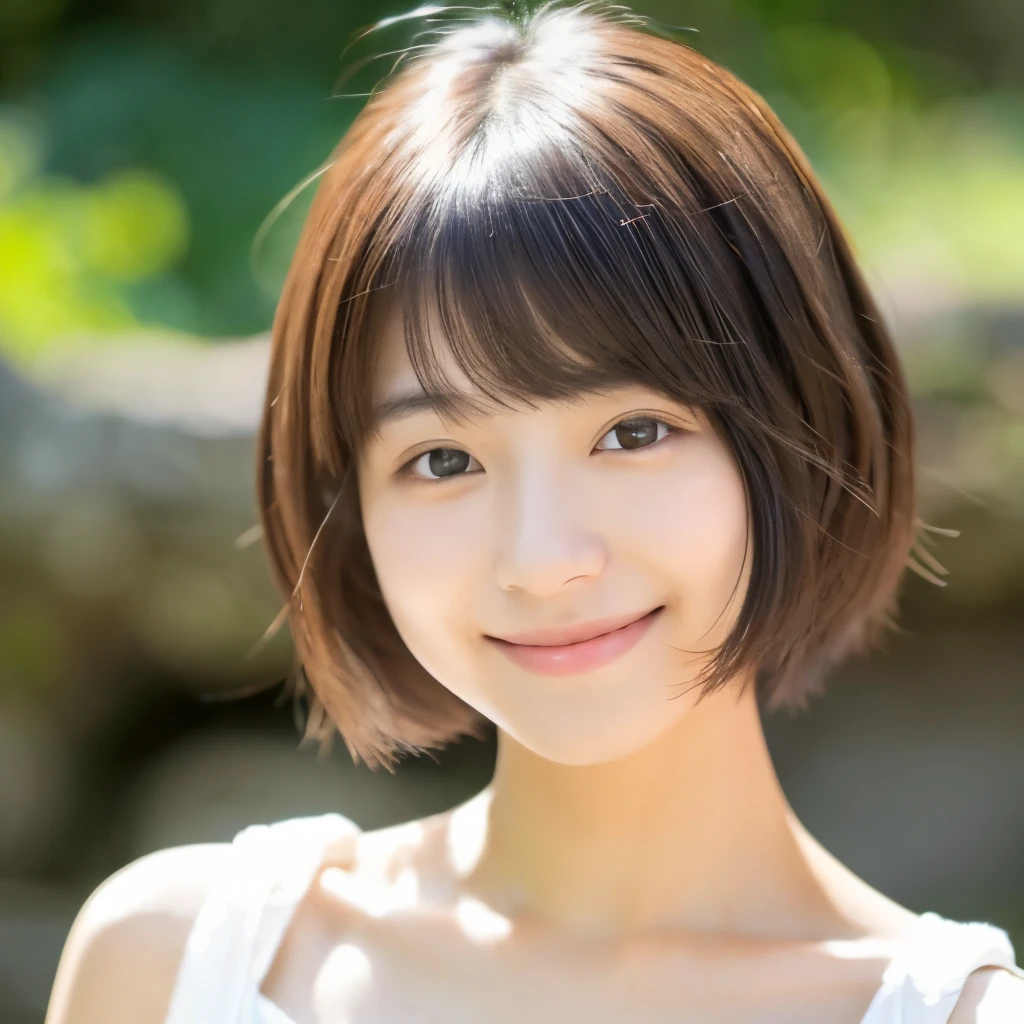 A 25-year-old Japanese woman with a natural and natural atmosphere....。No makeup, No makeup。Zoom to capture just the face、Bery short hair。innocent smiles、Squint、Long bangs、Healthy、