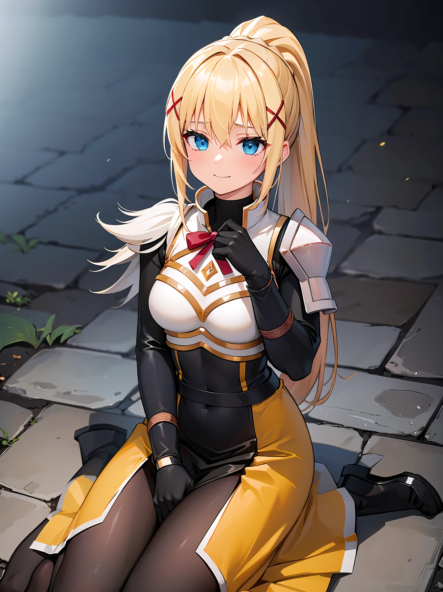 (in 8K, Raw photography, Best Quality, masutepiece: 1.2), high-definition RAW color photography, Professional Photography, Cinematic Light, (animesque:1.2), (1womanl), a blond, ((ksdarkness, ponytail, x hair ornament, armor, shoulder armor, bodysuit, black gloves, Yellow dress, Black long skirt)), (Detailed facial expressions), slenderbody, ((Delighted:1.1)), (((Both hands are restrained, sitting on, hands up, ropes)))，((upperbody shot)), ((Dim Dungeon, stone wall background, Waterboarding)), in isekai, Highly detailed, Photography, masutepiece, High quality, High quality, hight resolution, Professional Lighting,