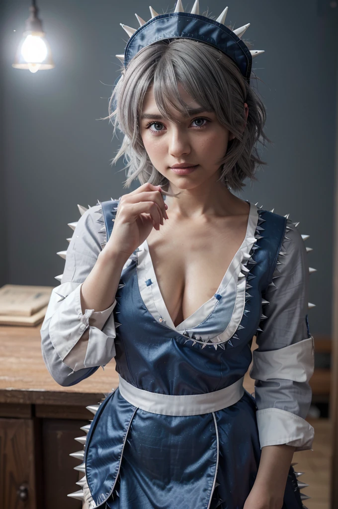 ((16 Nights Sakiya)), ((Touhou Project)), Cosplay, 20-year-old woman, (((gray hair)), ((medium spiky hair)), ((blue maid outfit)), ((white blouse)), midchest, (light)))), (pose))), (photorealistic photo: 1.3), rim lighting, (high detail skin:1.2), 8K UHD, dslr, high quality, high resolution, 4K, 8K, Bokeh, Absurdity, Best ratio four fingers and one thumb, (Real:1.3), Cutest 1 Girl, Lots of Knives