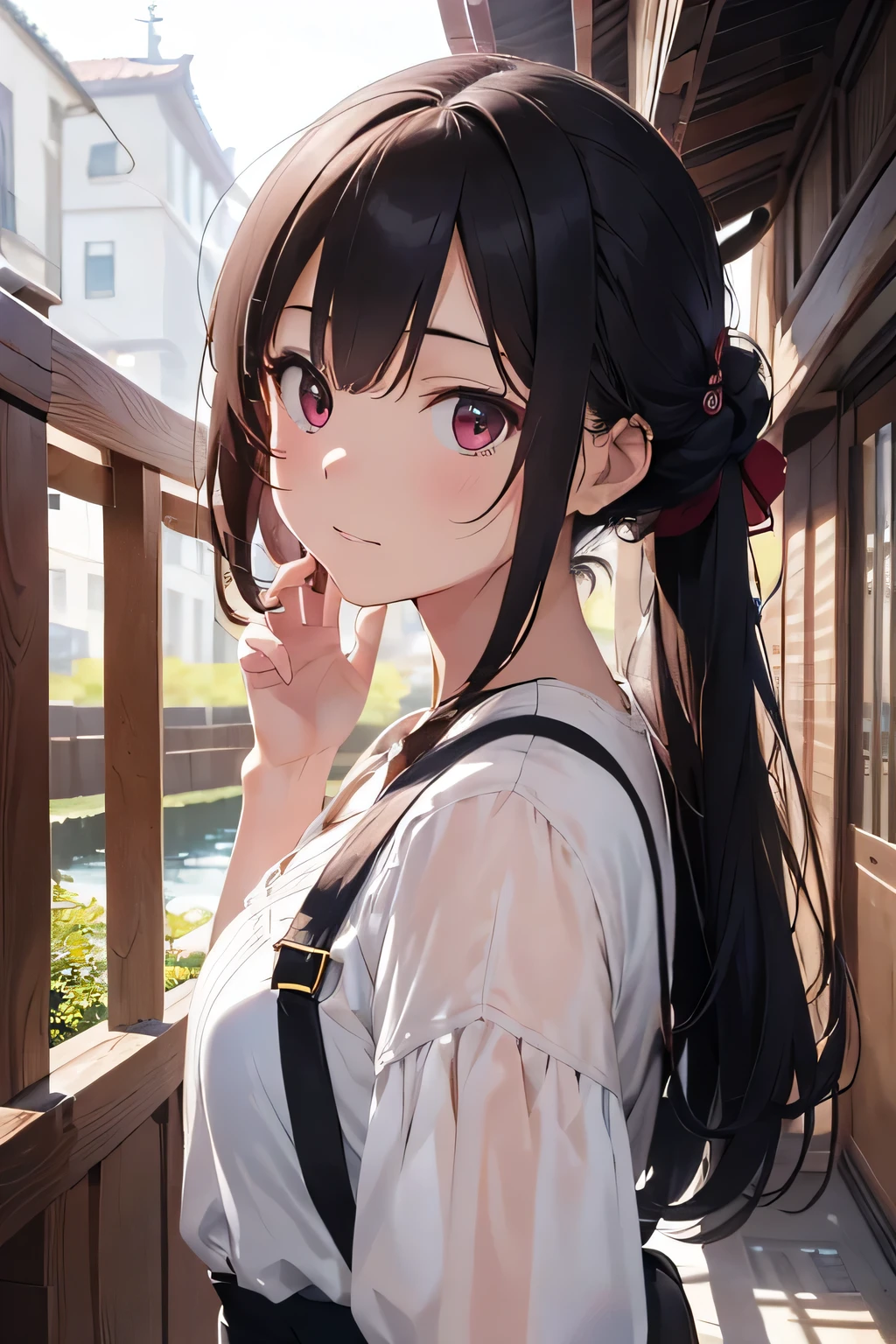 best images quality, Masterpiece level, 超高分辨率, EndlessReality, fantasy themed, arma, Details on the face, one-girl, Single, hair-bun, Fairy tale theme, Upper part of the body, Chinese architecture, butterflys, Get detailed outdoor lighting and cinematic lighting, Increase the detail of the overall ambient light, Face and eye details, Improve the realism of body details, express clear focus, face expressionless, white clothes, Burgundy hair, The eyes are bright.