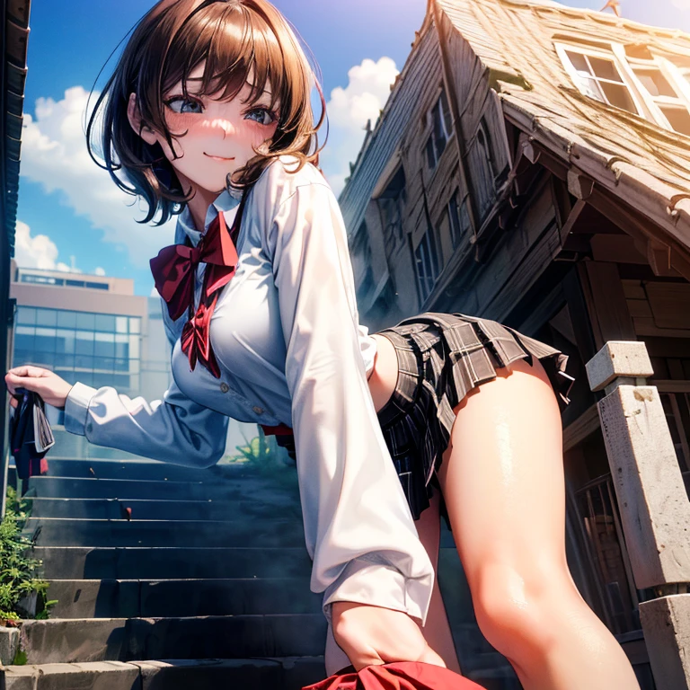 ((masutepiece, Best Quality, hight resolution, nffsw, Perfect Pixel, 4K, nffsw, nffsw))), 1girl in, Single, Solo, Beautie、full body seen、 ((Short Wave Hair, Bangs, Brown hair)), ((Brown-eyed, Beautiful eyelashes, Realistic eyes)), ((Detailed face, Blushing:1.2)), ((Smooth texture:0.75, Realistic texture:0.65, Photorealistic:1.1, Anime CG style)), medium breasts, Dynamic Angle, Perfect body, ((red bowtie, School uniform, , White shirt, Black skirt, plaid skirts))、train station stairs、Windy、Very embarrassing panic smile、turned around、I can see her ass sticking out in front of me......、Looking up from the bottom of the stairs、 (The wind pulled up my skirt、Touch the skirt with both hands、、You can see all the buttocks、White floral panties)、