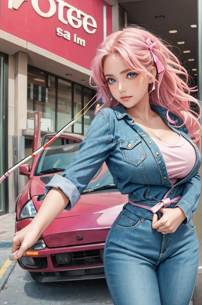 (masterpiece), best quality, expressive eyes, perfect face, 1girl, {{{{{huge big breasts}}}}}, beautiful eyes, sexy, pink eyes, light smile, straight wavy hair, medium soft hair, pink hair, combat  boots, side view, pink jacket and jeans,holding a bow and arrow, full body