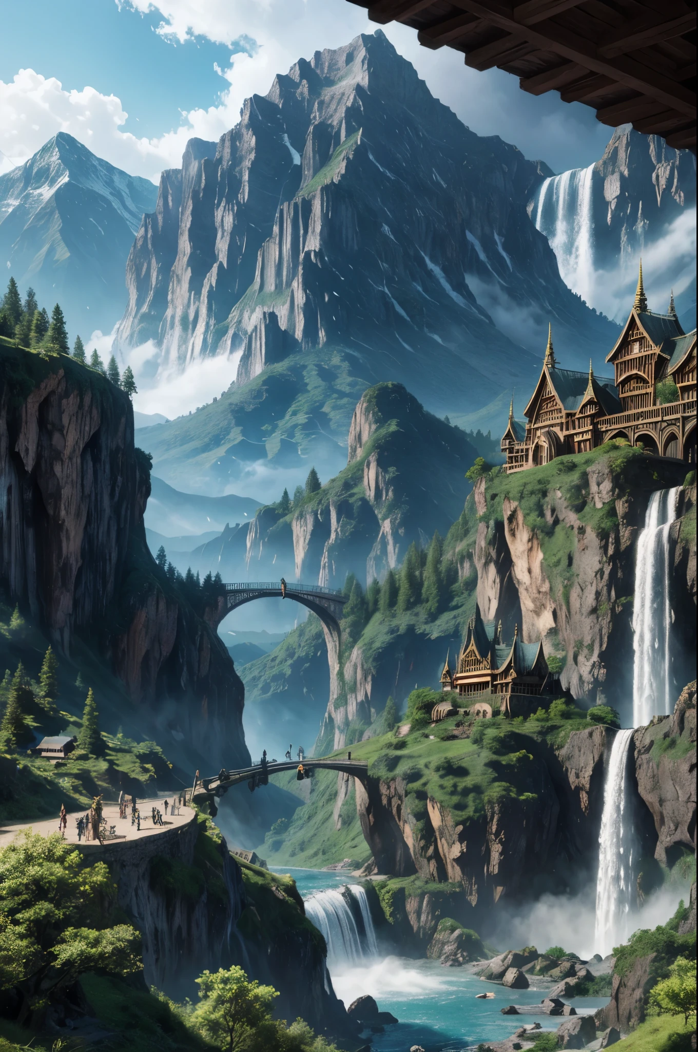 Elvish epic city in the mountains with waterfalls, rivendell, lord of the rings, buildings and people on the streets