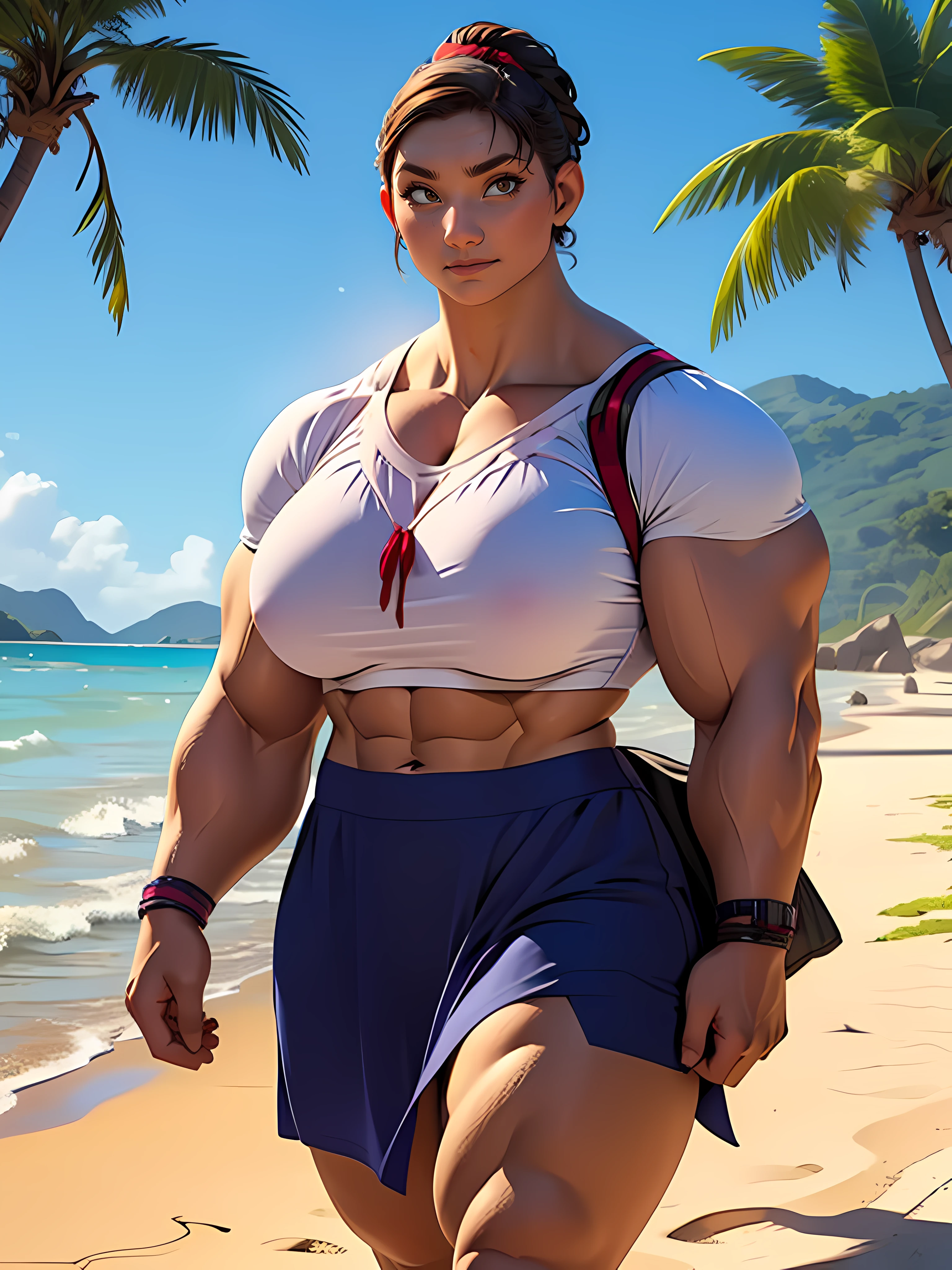(Beautiful), (Masterpiece), ((huge breasts)), ((((huge muscles)))), Luisa from Encanto walking in the beach smiling at camera