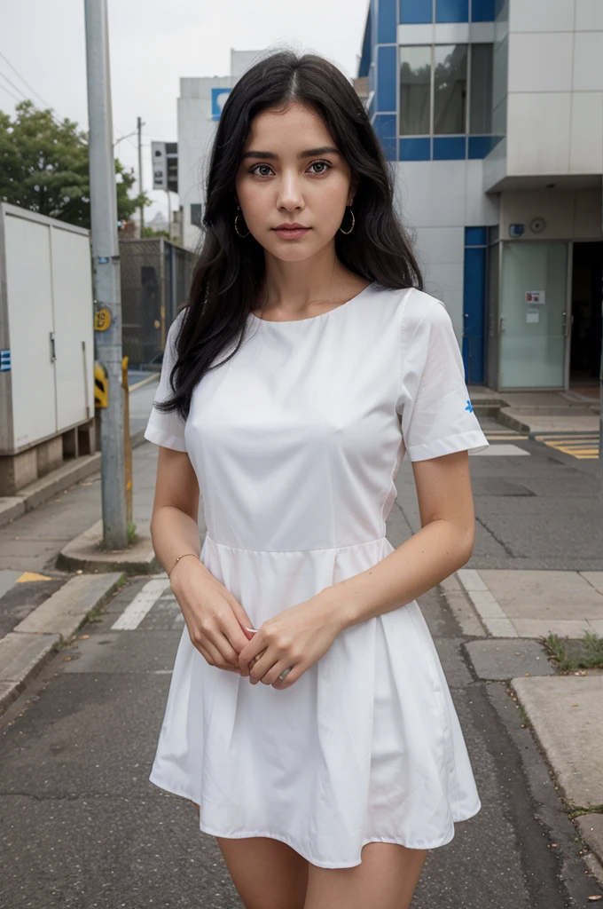 1 woman, black hair, blue pupils, delicate face, cute, love earrings, white dress, standing in front of the police station, surreal