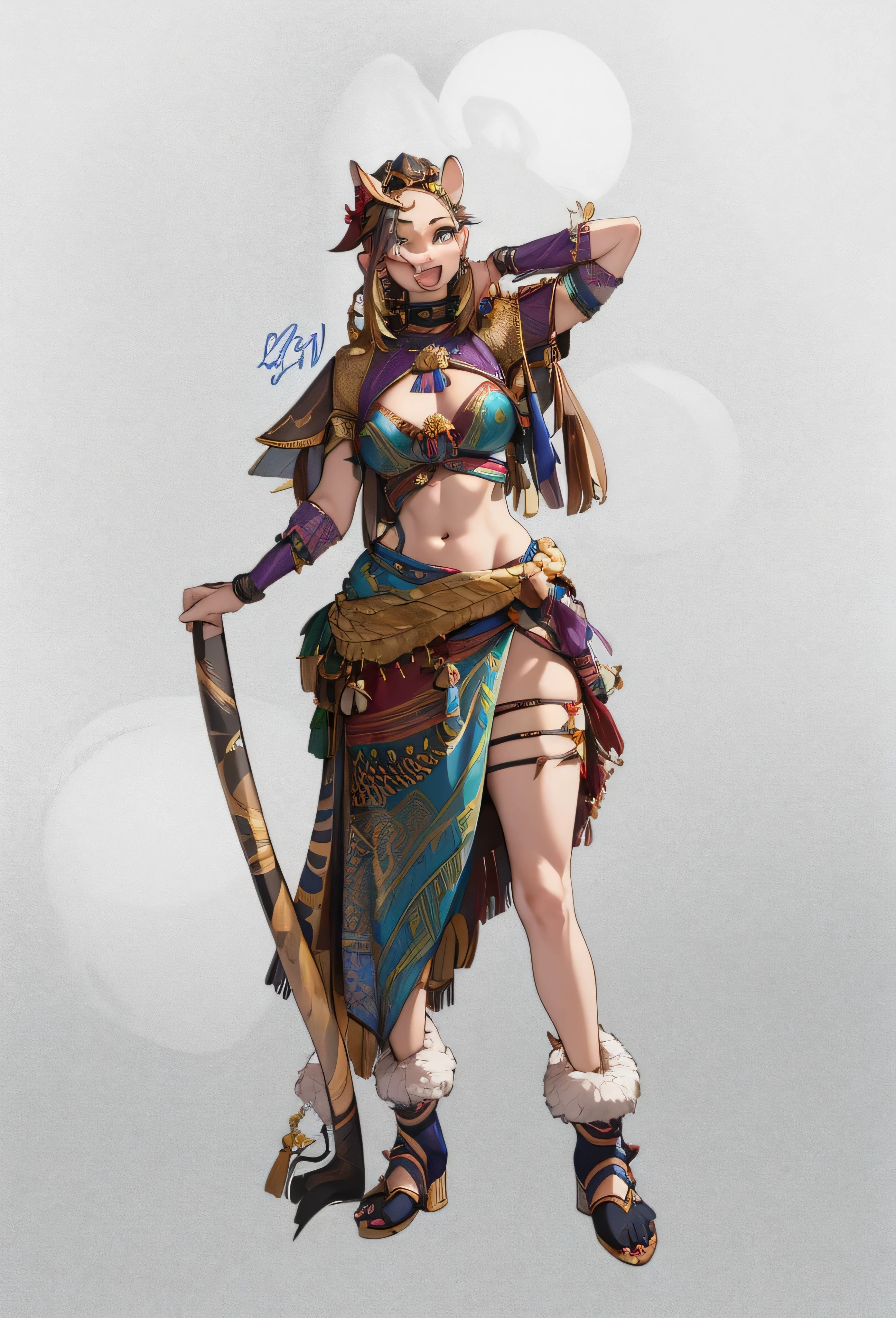 （Best quality），4K，noble female fox demon，from a foreign race，Wear exotic tribal clothinedium short hair，standing on your feet，long leges，Very charming expression