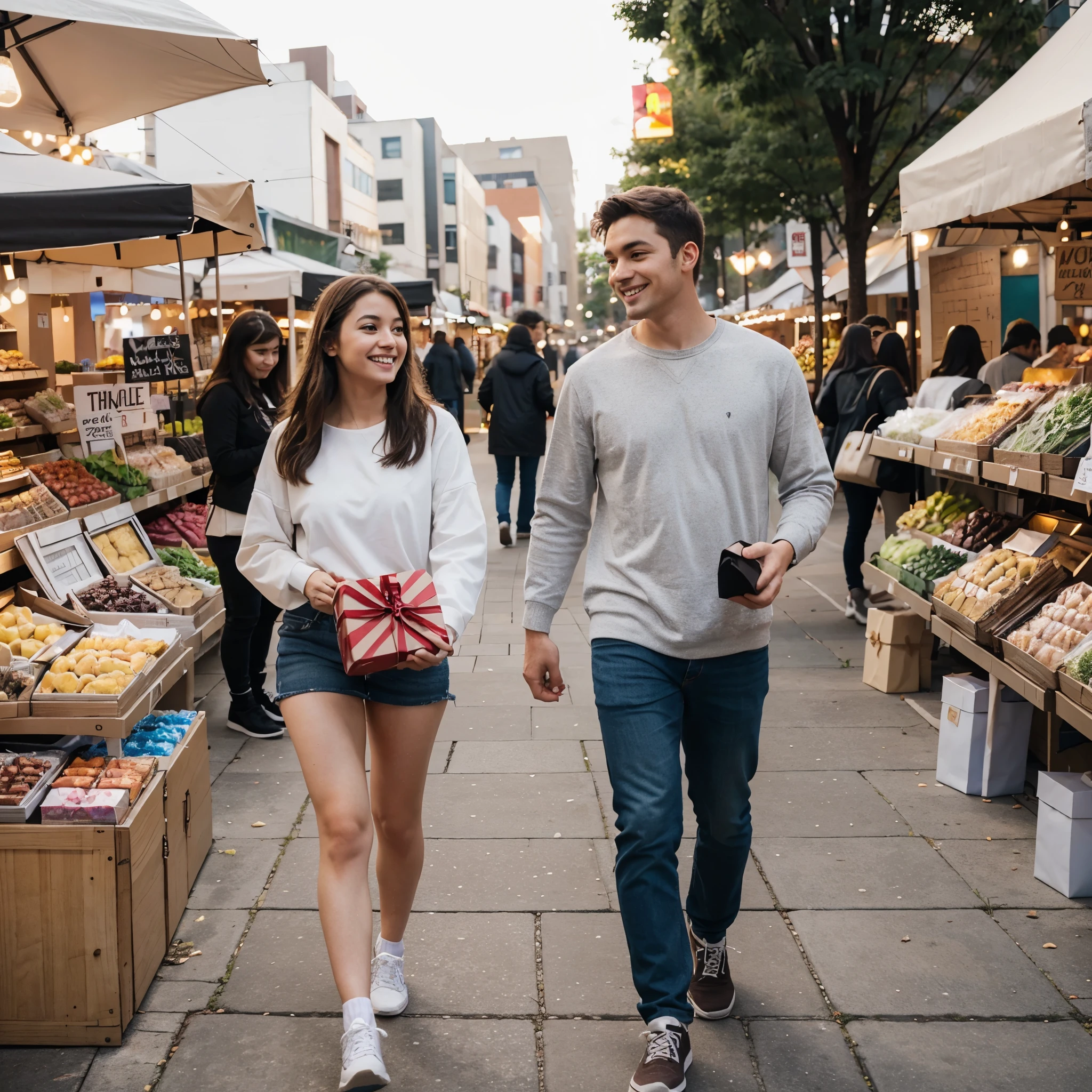 Photo of impressed excited girlfriend boyfriend getting gift package walking outdoors urban city market