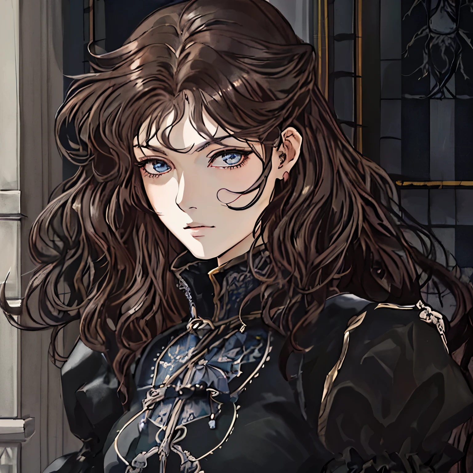 woman with long brown hair, gray eyes and black dress, standing in front of a tree, Искусство in style of dark fantasy art, Beautiful anime portrait, in the art style of bowater, in style of dark fantasy art, anime fantasy illustration, beautiful character painting, gothic maiden anime girl, beautiful anime artwork, clean detailed anime art, beautiful anime art, detailed portrait of anime girl, Close-up of a woman with long brown hair and blue eyes wearing a black dress, portrait knights of zodiac girl, female anime character, anime visual of a young woman, Author: Amano