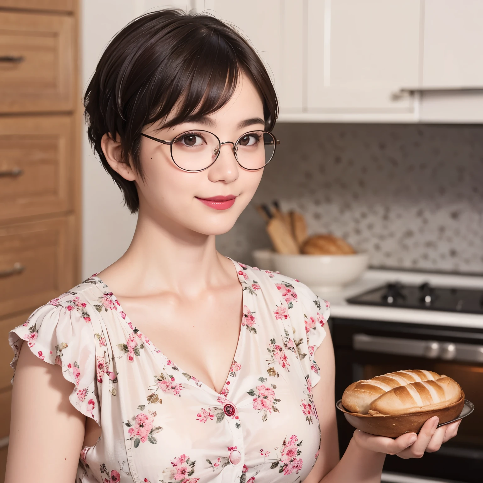 137
(a 20 yo woman, Bread), (A hyper-realistic), (high-level image quality), ((beautiful hairstyle 46)), ((short-hair:1.46)), (Gentle smile), (breasted:1.46), (lipsticks), (wears glasses,wide,kitchin), (florals), (there is an oven)