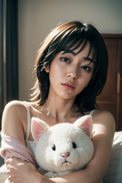 { Portrait, RAW photo,} { beautiful, masterpiece, best quality, extremely detailed face, perfect lighting, Best Quality, (ultra-detailed) } { japaness woman, alone, 28-years-old, } {black hair, short hair, messy hair, parted lips, } { drunk ,} off shoulder, expressionless, bedroom, stuffed bunny, holding stuffed toy, object hug,