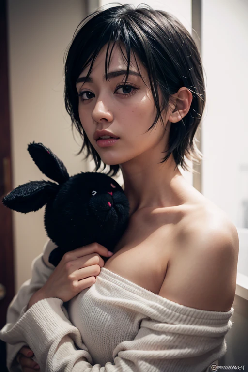 { Portrait, RAW photo,} { beautiful, masterpiece, best quality, extremely detailed face, perfect lighting, Best Quality, (ultra-detailed) } { japaness woman, alone, 28-years-old, } {black hair, short hair, messy hair, parted lips, } { drunk ,} off shoulder, expressionless, bedroom, stuffed bunny, holding stuffed toy, object hug,