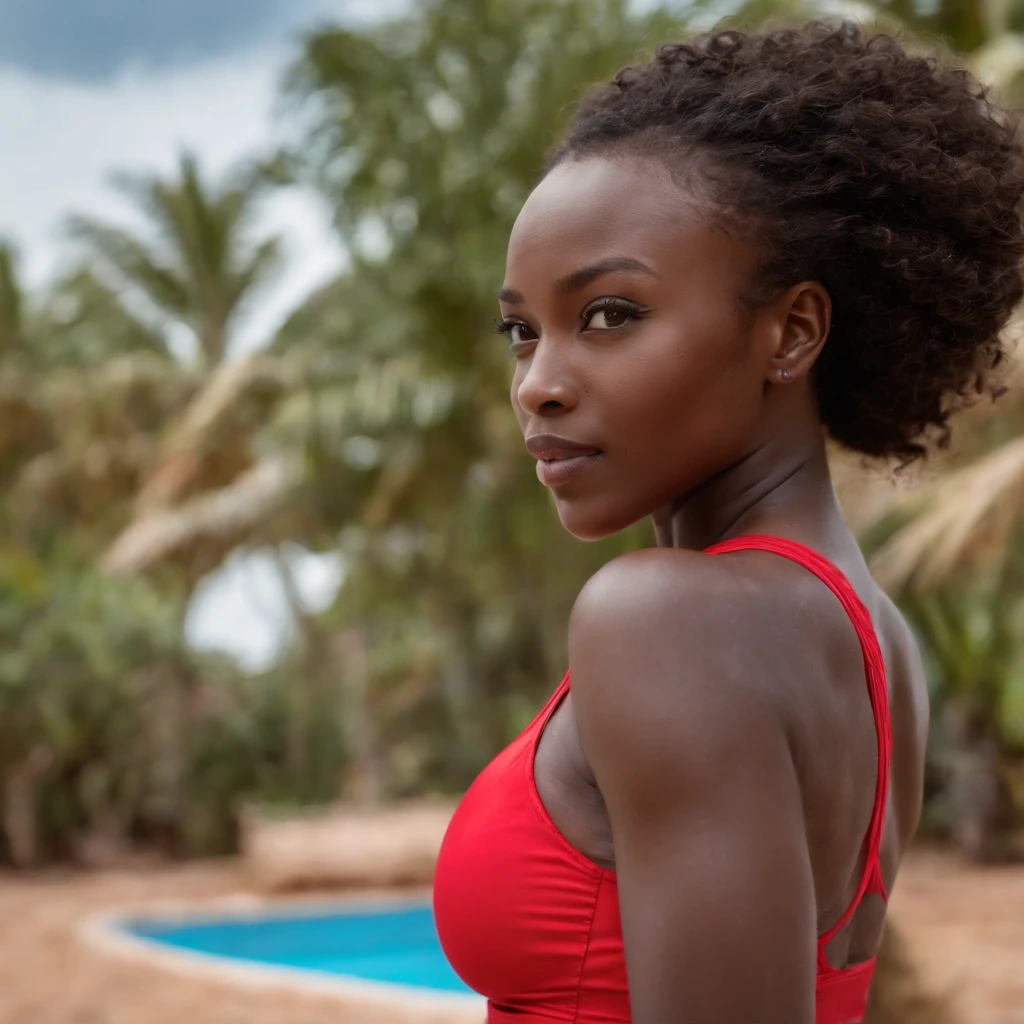 ((Dark African skin, Very deep ebony skin)), ((Its beauty is undeniable)), ((Excited cute face)), ((Hyper detailed perfect eyeploring pose)), ((Language output)), ((swimming)), ((red full body swimming suit)), ((Afro ponytail with long African curly hair)), ((full body)), ((skin)), ((swimming, side view)), ((touching her face in a sexy pose)), ((swimming pool, rooftop, hotel, mombassa, kenya)), Sharp Focus CGI, photoreallistic, High detail, Realistic, Masterpiece, absurd, Best quality, Hdr, High quality, high-definition, Extremely detailed, 8k wallpaper, Intricate details, 8K UHD, Full-HD, (photo realist:1.2), contrast, intense illumination, lighting cinematic, natural lighting, veilleuse, Nuit, Illumination globale, a la piscine African women、Female sexy