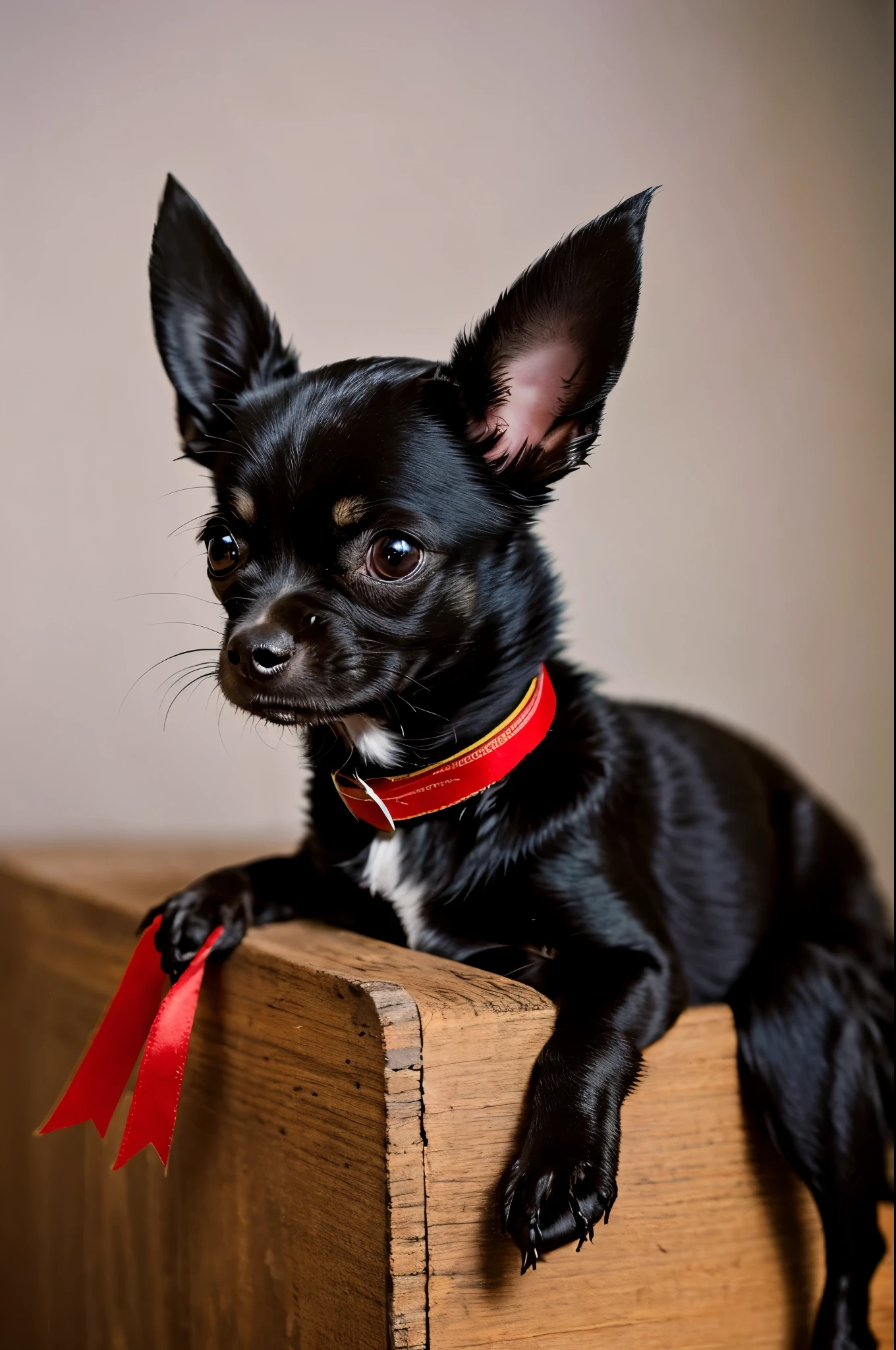 A black Chihuahua with a shaved head and a small red ribbon on his right ear.