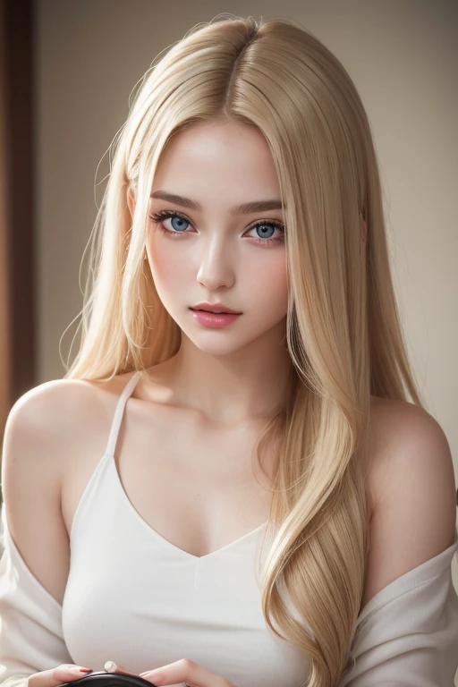 (best quality, highres:1.2), (realistic:0.5) 20 years old female, beautiful, gorgeous A stunning masterpiece with a focus only on the face The girl has beautiful detailed eyes and face She has long, blonde hairs flowing gracefully The girl is wearing a white top She is holding a lipstick, adding a touch of color to her lips