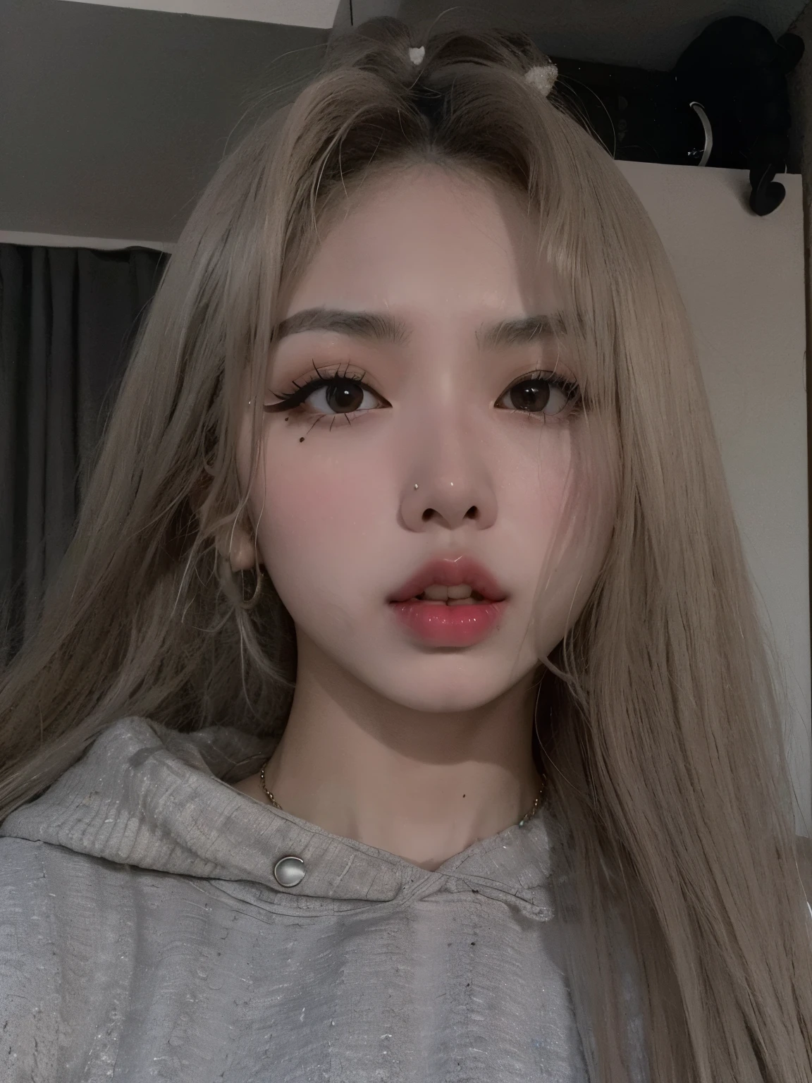 garota loira com cabelos longos e piercings posando para uma foto, menina coreana, small lips pointy nose, ava max, korean face features, Ulzzang, Cl, cruel korean goth girl, Mulher sul-coreana bonita, korean symmetrical face, com cabelos longos e olhos penetrantes, 18 anos, beautiful aesthetic face, her face looks like an orchid