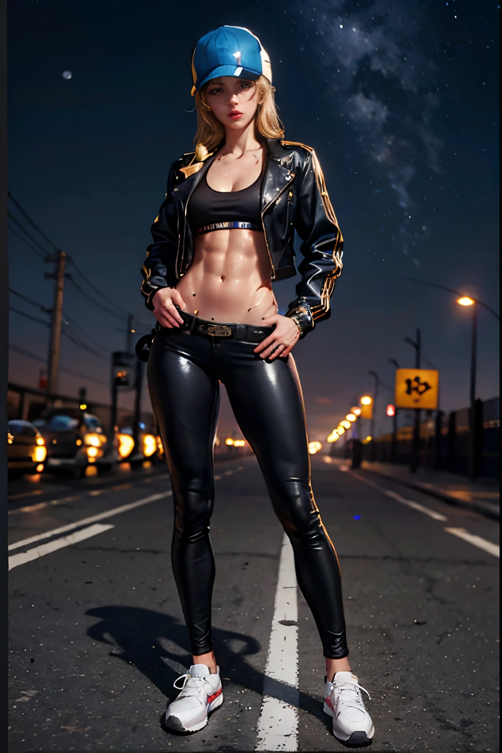 Girl, jacket, fitness, abs buttom, sweat, jeans, sneakers, moon, night, street, golden hair, belt