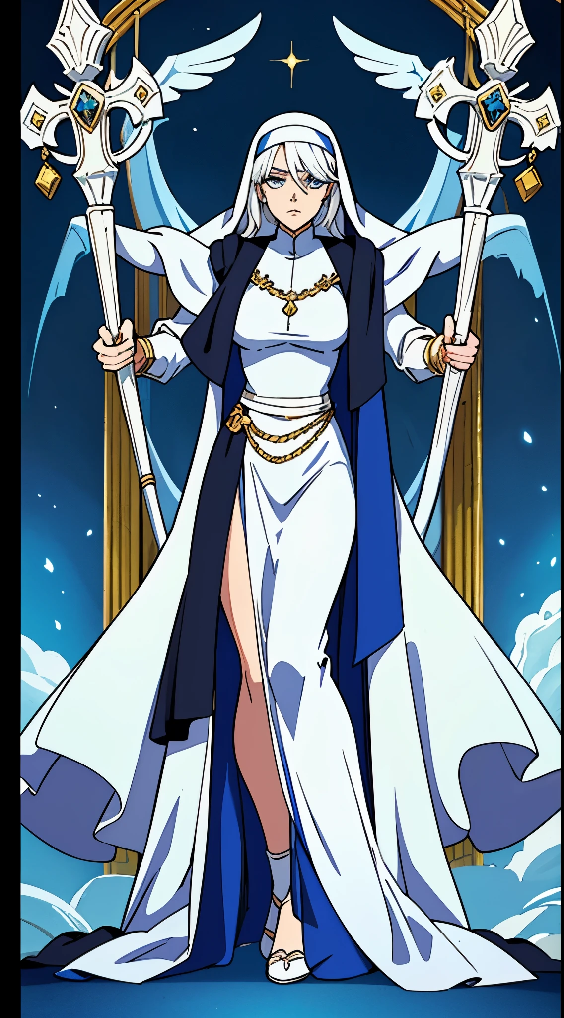 a full body portrait of a woman with white hair, (wearing {white|blue} fantasy nun robe), the robe of the fantasy saint heroine, the fantasy holy heroine, (wearing covered eyes blindfold bandage)), in style of manga, beautiful character painting, detailed body, detailed hands, detailed face, white haired deity, epic exquisite manga character, stunning character art, artstation trending, (((strong body))), calm down pose, stand near marble statue, praying, fantasy battle staff, staff with Libra,