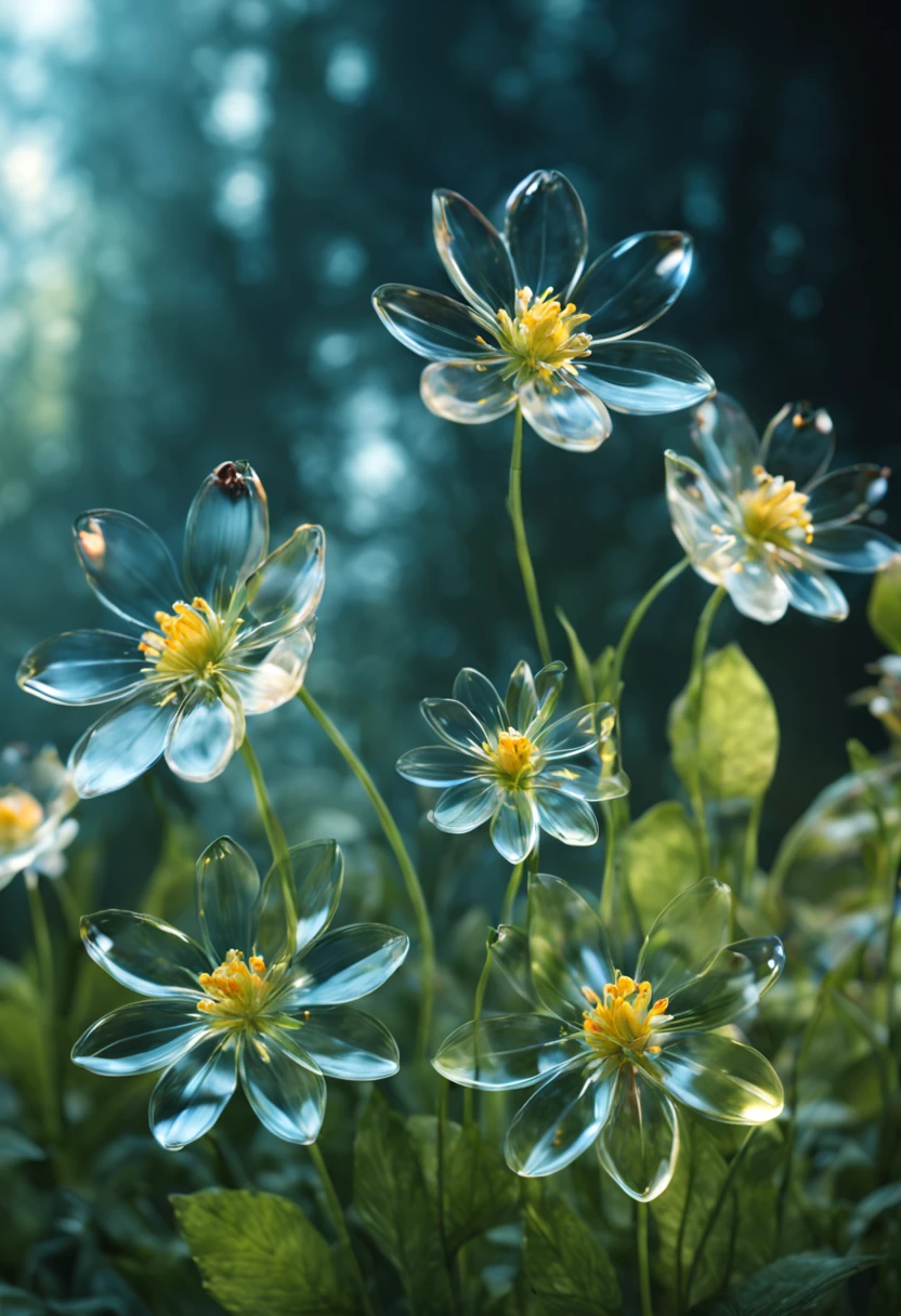 Mysterious and dreamy multiple transparent invisible flowers. The special petals of this flower can completely blend in with the surrounding environment.，make it invisible，Ray tracing epic reality can only be discovered under specific conditions, ultra real photo, ultra - detailed, tmasterpiece(Only transparent flowers without human hands)