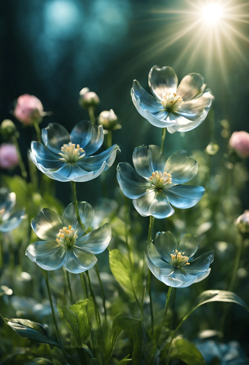 Close-up of mysterious and dreamy multiple  invisible flowers. The special petals of this flower can completely blend in with the surrounding environment.，make it invisible，Ray tracing epic reality can only be discovered under specific conditions, ultra real photo, ultra - detailed, tmasterpiece(Only  flowers without human hands)