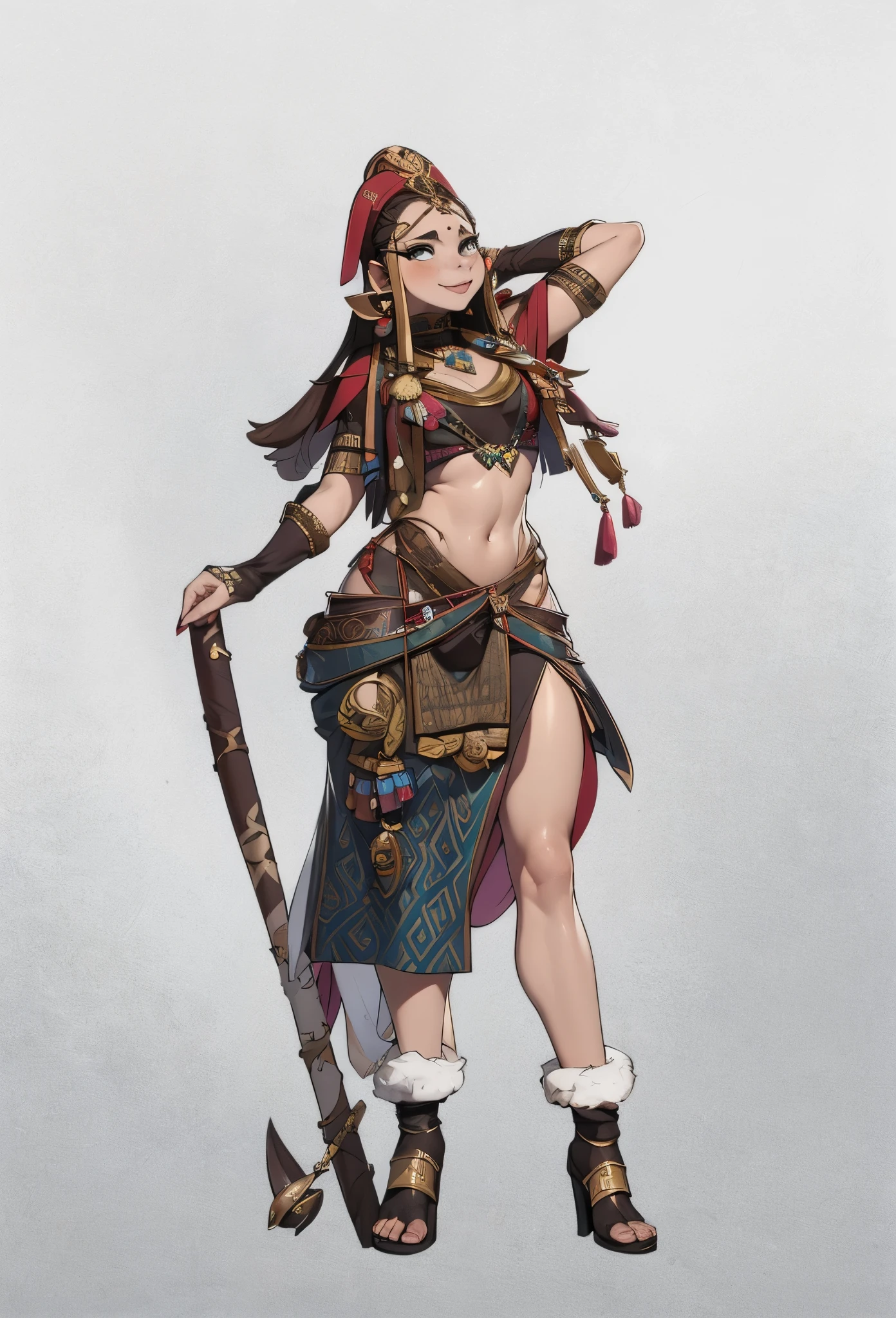 （Best quality），4K，noble shrew，from a foreign race，Wearing exotic tribal clothes，keep hair short，Stood up，long leges，The expression is very charming
