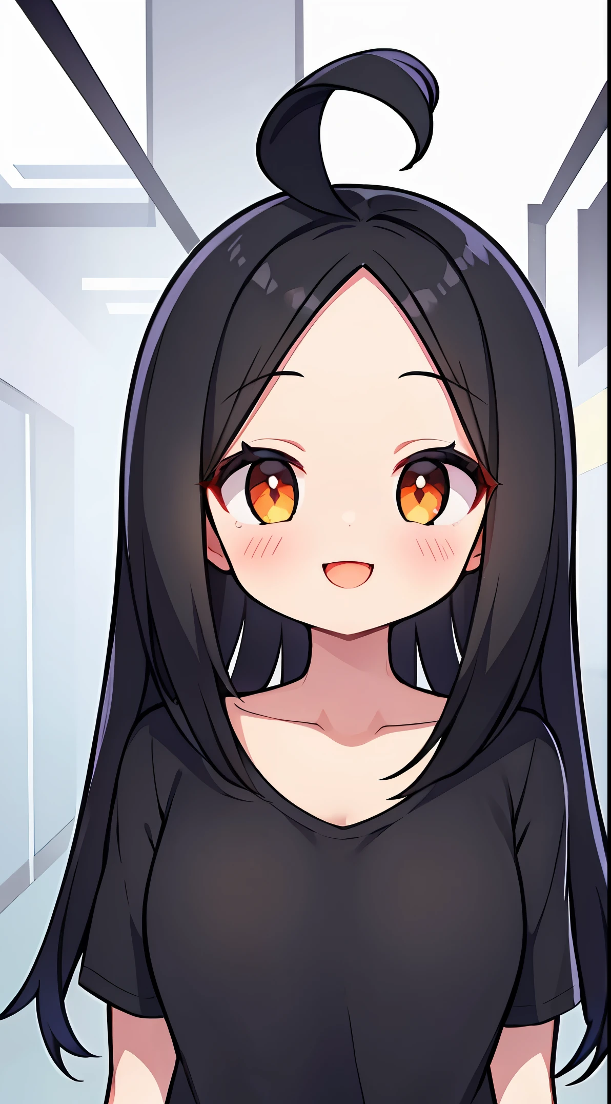 One girl with black hair, hair length until bust, straight hair, hair parted in center of head, round face. hairstyle with a center part, that the hair should be parted down the middle, creating a symmetrical look without any frontal hair covering the forehead. Looking straight. Looking straight at viewers. Smiling. Happy. Wearing casual shirt. Straight pose. Frontal view