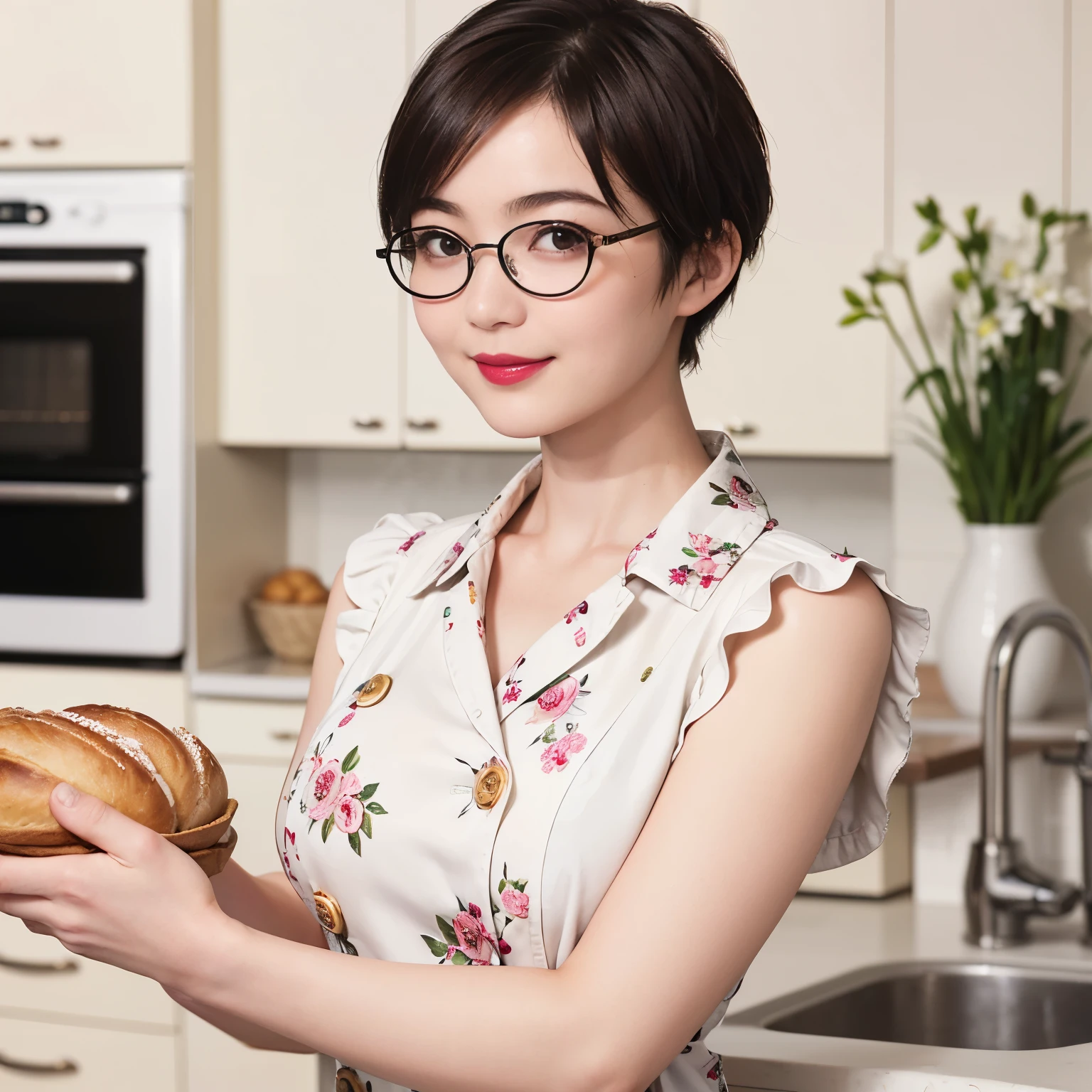 137
(a 20 yo woman, Bread), (A hyper-realistic), (high-level image quality), ((beautiful hairstyle 46)), ((short-hair:1.46)), (Gentle smile), (breasted:1.46), (lipsticks), (wears glasses,wide,kitchin), (florals), (there is an oven)