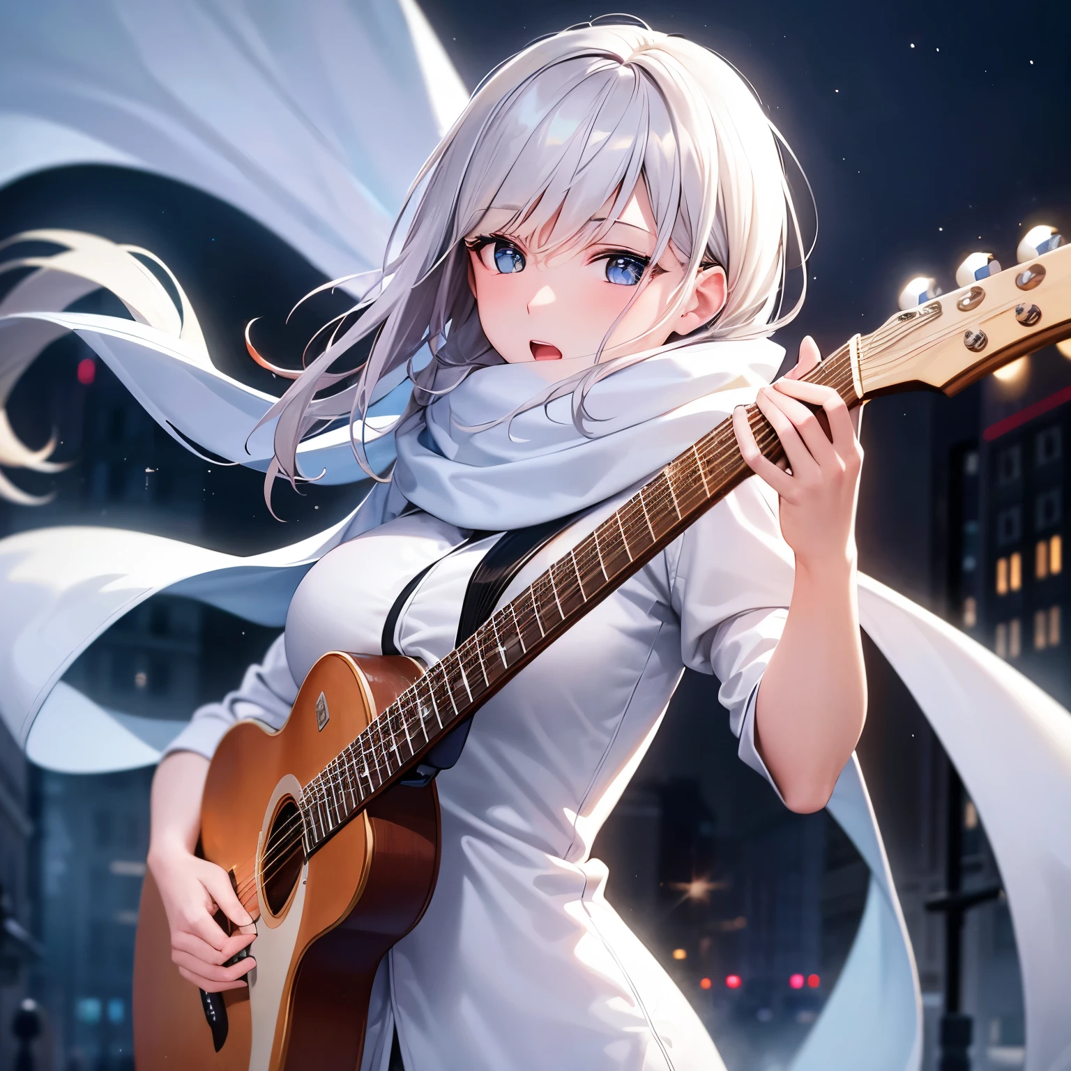 finest image, 8k, RAW photo, realistic, detailed, delicate, flashy and dynamic depiction, A woman performing on the street under a cold sky, singing with all her heart, her white breath, coat, scarf, folk guitar, background night street, professional lighting
