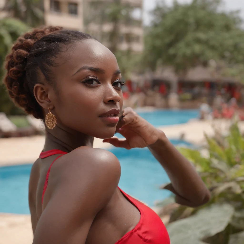 ((Dark African skin, Very deep ebony skin)), ((Its beauty is undeniable)), ((Excited cute face)), ((Hyper detailed perfect eyeploring pose)), ((Language output)), ((swimming)), ((sunglasses, red full body swimming suit)), ((Afro ponytail with long African curly hair)), ((full body)), ((skin)), ((swimming, side view)), ((touching her face in a sexy pose)), ((swimming pool, rooftop, hotel, Nairobi, kenya)), Sharp Focus CGI, photoreallistic, High detail, Realistic, Masterpiece, absurd, Best quality, Hdr, High quality, high-definition, Extremely detailed, 8k wallpaper, Intricate details, 8K UHD, Full-HD, (photo realist:1.2), contrast, intense illumination, lighting cinematic, natural lighting, veilleuse, Nuit, Illumination globale, a la piscine African women、Female sexy