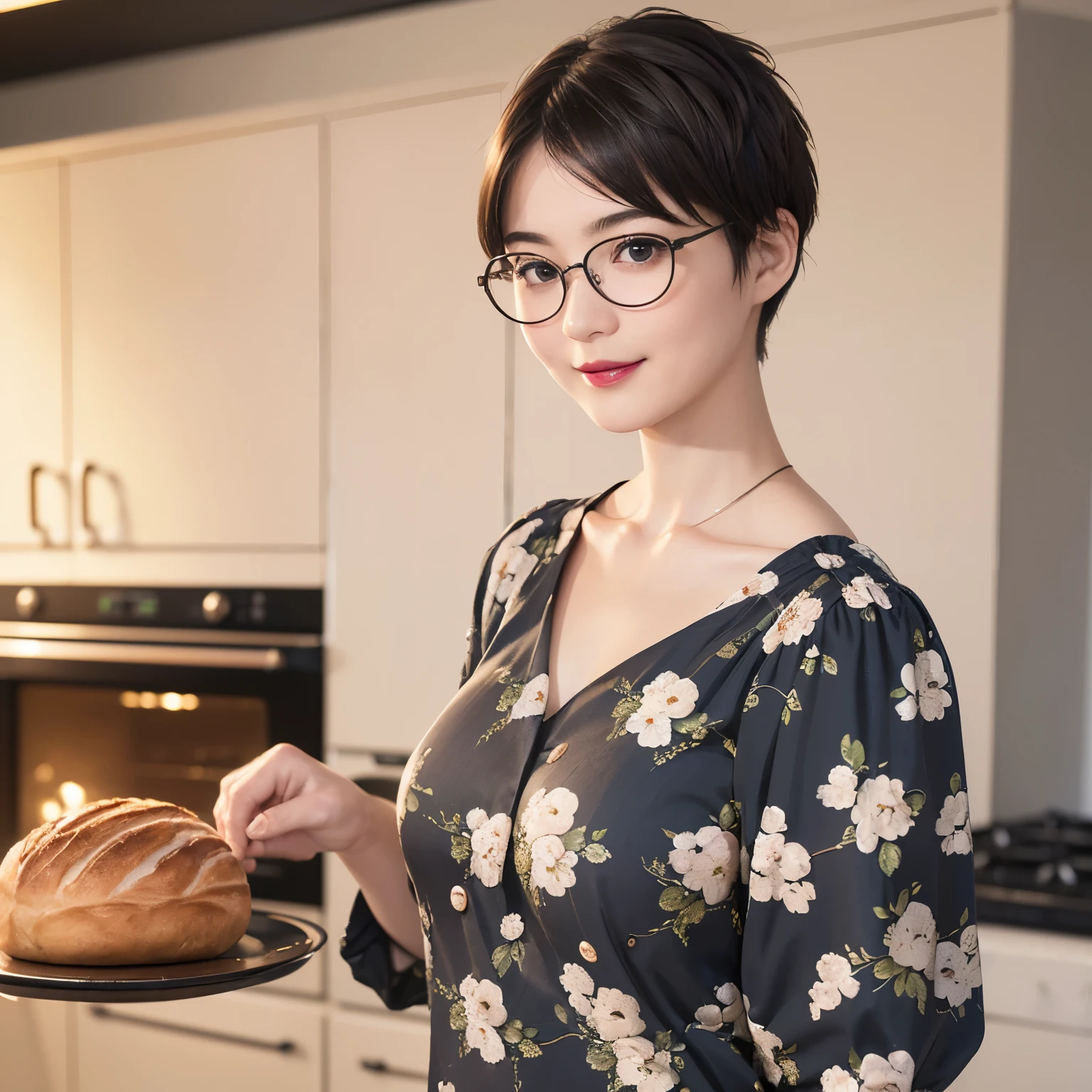 137
(a 20 yo woman, Bread), (A hyper-realistic), (high-level image quality), ((beautiful hairstyle 46)), ((short-hair:1.46)), (Gentle smile), (breasted:1.46), (lipsticks), (wears glasses,wide,kitchin), (florals), (there is an oven)