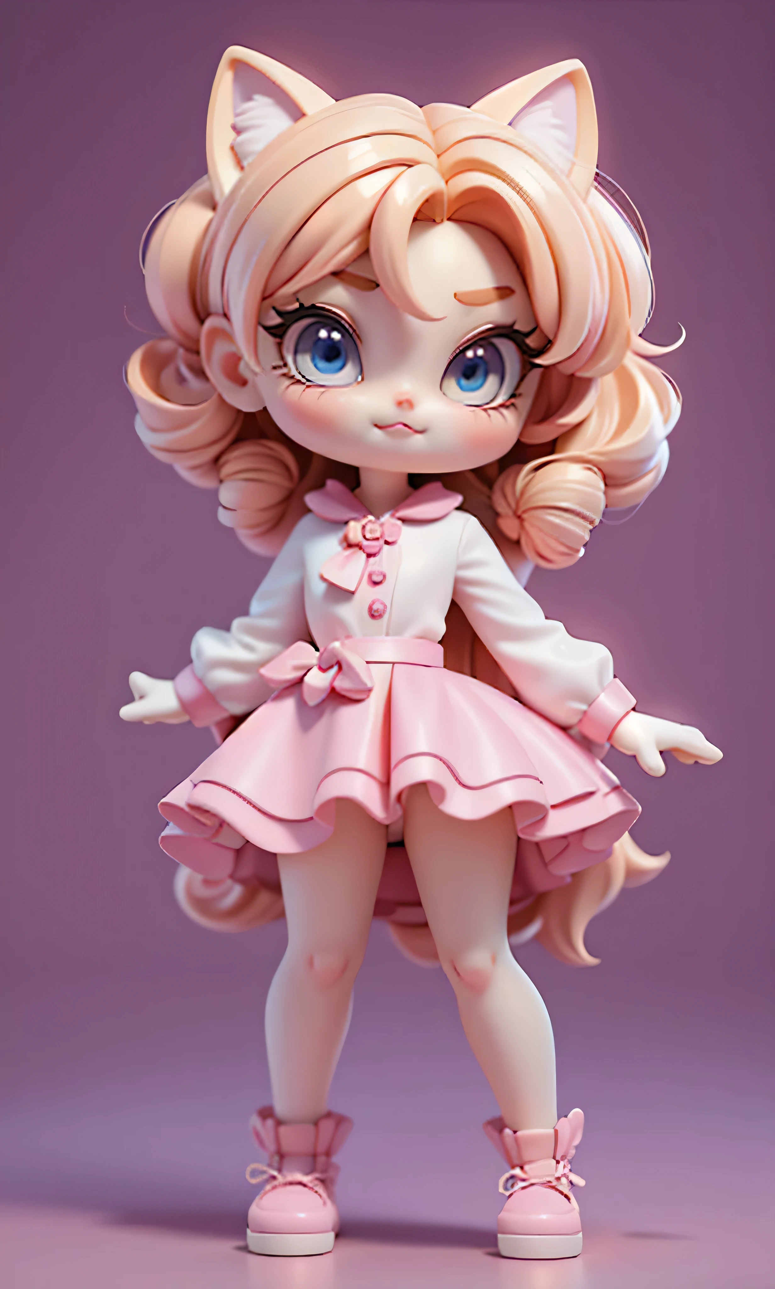 (tmasterpiece:1,2, cat-like mouth, pink back ground,fully body photo,stand posture), Best quality at best, tmasterpiece, Original, The content is very detailed, perfect litthing,(The content is very detailed CG:1.2), 8K, 3D style,Anime manga girl, Pink dress,combed blonde hair)),eBlue eyes, Very beautiful and cute catwoman, adorable digital art ,tchibi,3 Rendering, c4d, Stirring angle effect diagram, popular toys, A blind box toy, Disney style