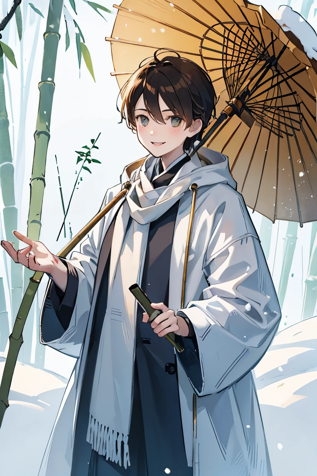A boy, winter forest, bamboo, Snow falling, wearing a coat, Brunette, Smiling,
