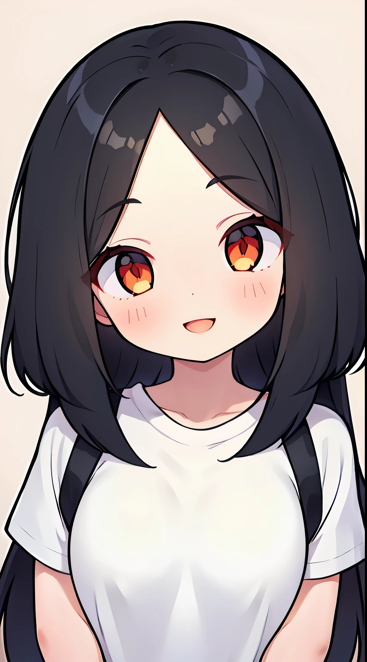 One girl with black hair, hair length until bust, straight hair, hair parted in center of head, round face. hairstyle with a center part, that the hair should be parted down the middle, creating a symmetrical look without any frontal hair covering the forehead. Looking straight. Looking straight at viewers. Smiling. Happy. Wearing casual shirt. Straight pose. Frontal view