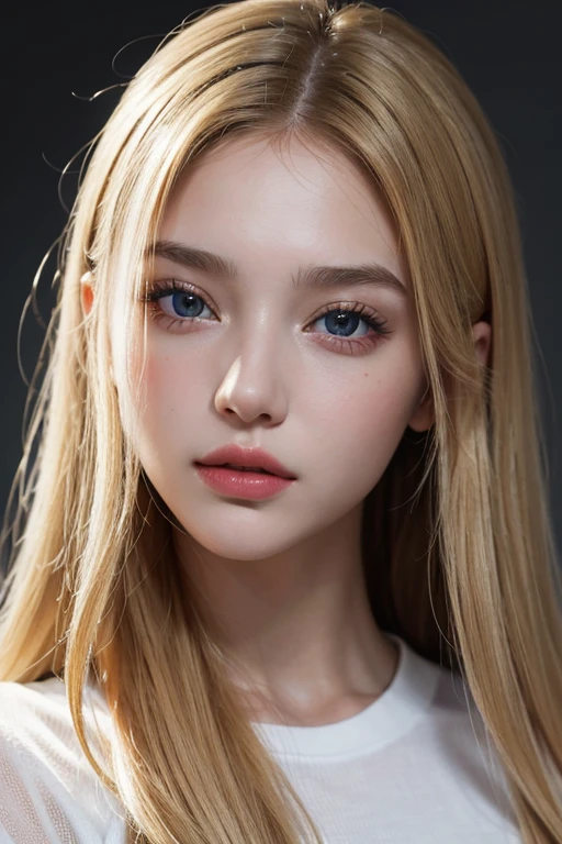 (best quality, highres:1.2), (realistic:0.5) 20 years old female, beautiful, gorgeous A stunning masterpiece with a focus only on the face The girl has beautiful detailed eyes and face She has long, blonde hairs flowing gracefully The girl is wearing a white top She is holding a lipstick, adding a touch of color to her lips