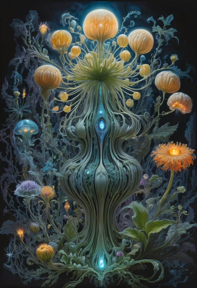 Magical plant from the abyss, the ghost flower,Images of a fascinated witch encountering alien life forms, Illumination of bioluminescent plants, The content is very detailed, hyper realisitc, 10k high resolution, Gouache style, scribble art, Glaslorne, Influenced by Art Nouveau, Given, and future, The Art of Lunar Encryption Wow,
