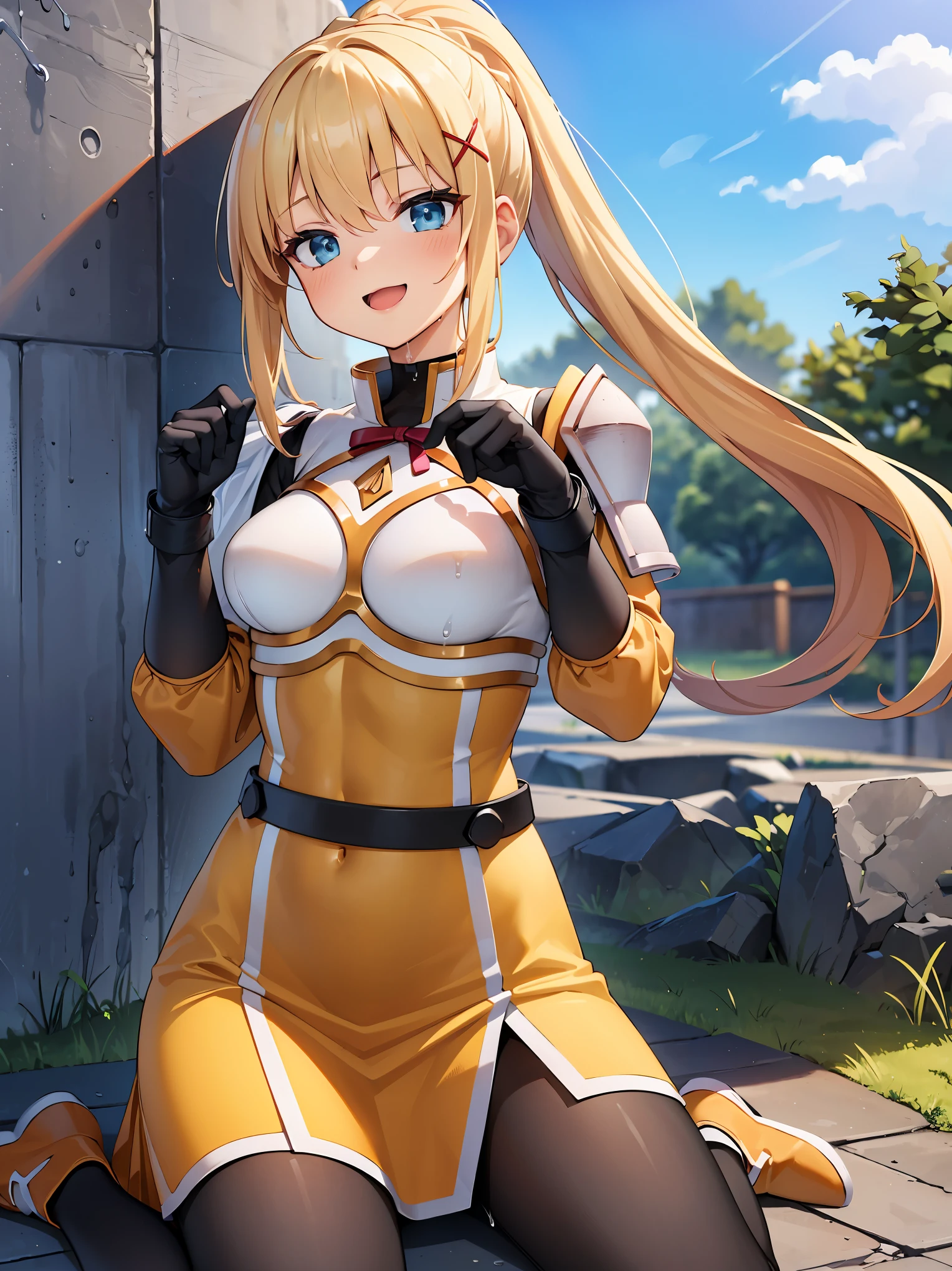 (in 8K, Raw photography, Best Quality, masutepiece: 1.2), high-definition RAW color photography, Professional Photography, Cinematic Light, (animesque:1.2), (1womanl), a blond, ((ksdarkness, ponytail, x hair ornament, armor, shoulder armor, bodysuit, black gloves, Yellow dress, Black long skirt)), (Detailed facial expressions), slenderbody, ((Delighted:1.1)), (((Both hands are restrained, sitting on, both hands up 1.5 , ropes)))，((upperbody shot)), ((stone wall background, Wet body)), in isekai, Highly detailed, Photography, masutepiece, High quality, High quality, hight resolution, Professional Lighting,