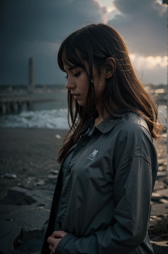 (best quality, masterpiece), 1girl, looking down, wind, particle, simple background, dark mood, upper body,