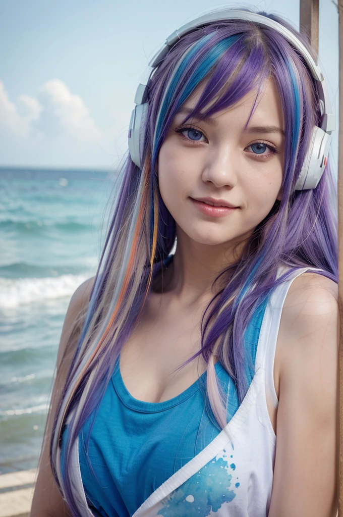 uta (one piece), oda eiichirou,, , 1girl, :d, bangs, blue ribbon, diamond-shaped pupils, diamond (shape), hair between eyes, headphones, long hair, multicolored hair, open mouth, purple eyes, red hair, ribbon, shirt, signature, sleeveless, sleeveless shirt, smile, solo, ((split-color hair)), symbol-shaped pupils, white hair, white shirt, sea, one eye covered, watercolor,, ,