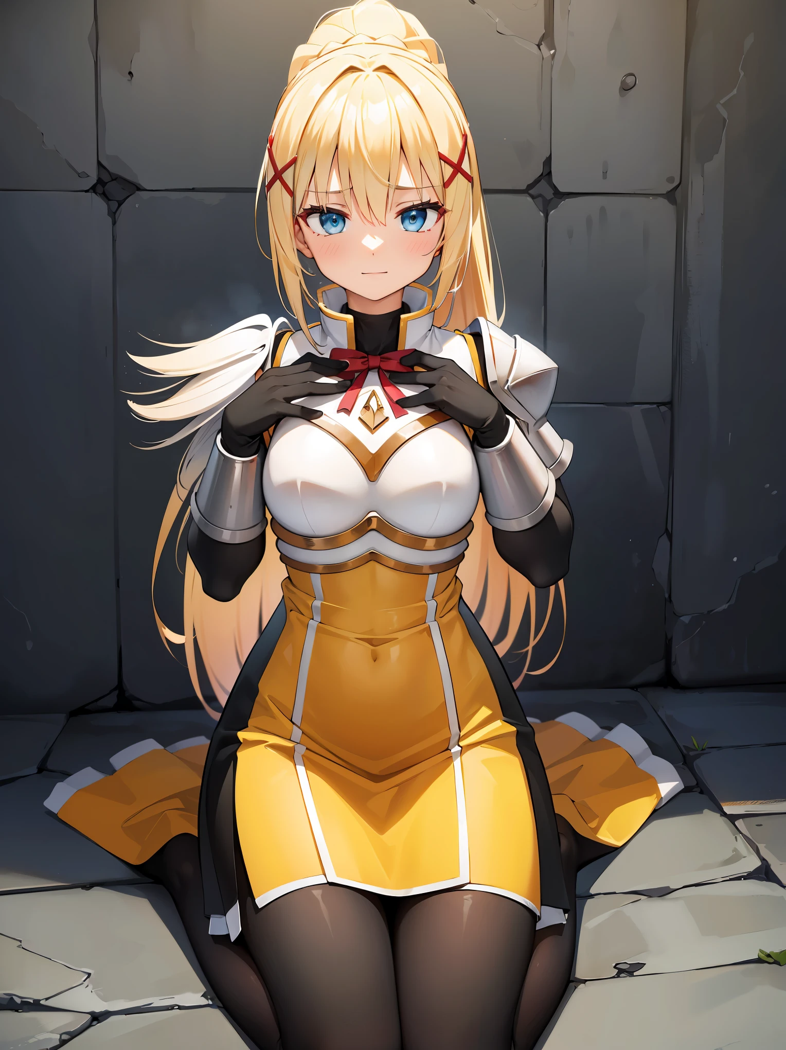 (in 8K, Raw photography, Best Quality, masutepiece: 1.2), high-definition RAW color photography, Professional Photography, Cinematic Light, (animesque:1.2), (1womanl), a blond, ((ksdarkness, ponytail, x hair ornament, armor, shoulder armor, bodysuit, black gloves, Yellow dress, Black long skirt)), (Detailed facial expressions), slenderbody, ((Delighted:1.1)), (((Both hands are restrained, sitting on, both hands up 1.5 , ropes)))，((upperbody shot)), ((stone wall background, Wet body)), in isekai, Highly detailed, Photography, masutepiece, High quality, High quality, hight resolution, Professional Lighting,