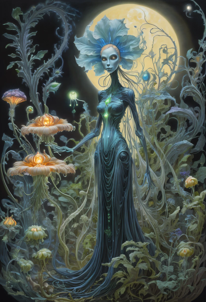 Magical plant from the abyss, the ghost flower,Images of a fascinated witch encountering alien life forms, Illumination of bioluminescent plants, The content is very detailed, hyper realisitc, 10k high resolution, Gouache style, scribble art, Glaslorne, Influenced by Art Nouveau, Given, and future, The Art of Lunar Encryption Wow,