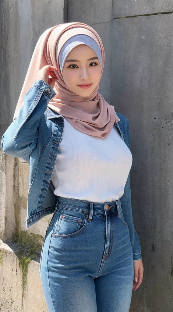 Best quality,masterpiece,ultra high res,(photorealistic:1.4)1girl,Anastasia Kadir 1girl, [Salsabila|Putri|Nabila], hijab, knit shirt, instagram, jeans, merapi, indonesia, perfect poses