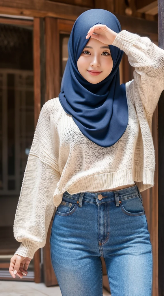 Best quality,masterpiece,ultra high res,(photorealistic:1.4)1girl,Anastasia Kadir 1girl, [Salsabila|Putri|Nabila], hijab, knit shirt, instagram, jeans, merapi, indonesia, perfect poses