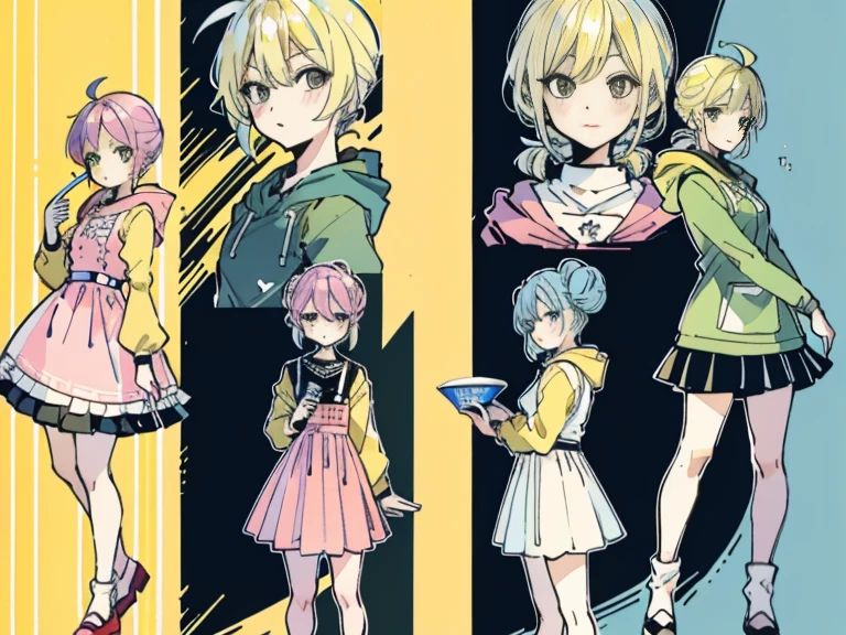 supreme， green down jacket，lime color hair，Pink глаза，Standing on your feet，submachine gun，Detailed Genshin graphics，anime character design，anime concept art，pretty anime character design，anime character reference sheet，[Character design]，1girl in, ((Character information)、(Chara Leaf)、pastel dimmed colors, (Yellow color palette.:1.2, Blue:1.2, Pink:1.2), (Blue hair bun and blonde), Short fashionable skirt, Sitting on a throne of sweets and pastries, For example, doughnut, splash, candy, Lollipop, lollipop cane, a cake, cupcake, Cake Pop, Ruffles and lace, polka dot,(Lush pastel dresses), petite girl,Type sheet, Character Sheets, Three types，Shot Full Body，Game Character Design, green color, Green hoodie，