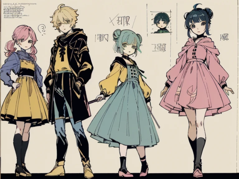 supreme， green down jacket，lime color hair，Pink глаза，Standing on your feet，submachine gun，Detailed Genshin graphics，anime character design，anime concept art，pretty anime character design，anime character reference sheet，[Character design]，1girl in, ((Character information)、(Chara Leaf)、pastel dimmed colors, (Yellow color palette.:1.2, Blue:1.2, Pink:1.2), (Blue hair bun and blonde), Short fashionable skirt, Sitting on a throne of sweets and pastries, For example, doughnut, splash, candy, Lollipop, lollipop cane, a cake, cupcake, Cake Pop, Ruffles and lace, polka dot,(Lush pastel dresses), petite girl,Type sheet, Character Sheets, Three types，Shot Full Body，Game Character Design, green color, Green hoodie，